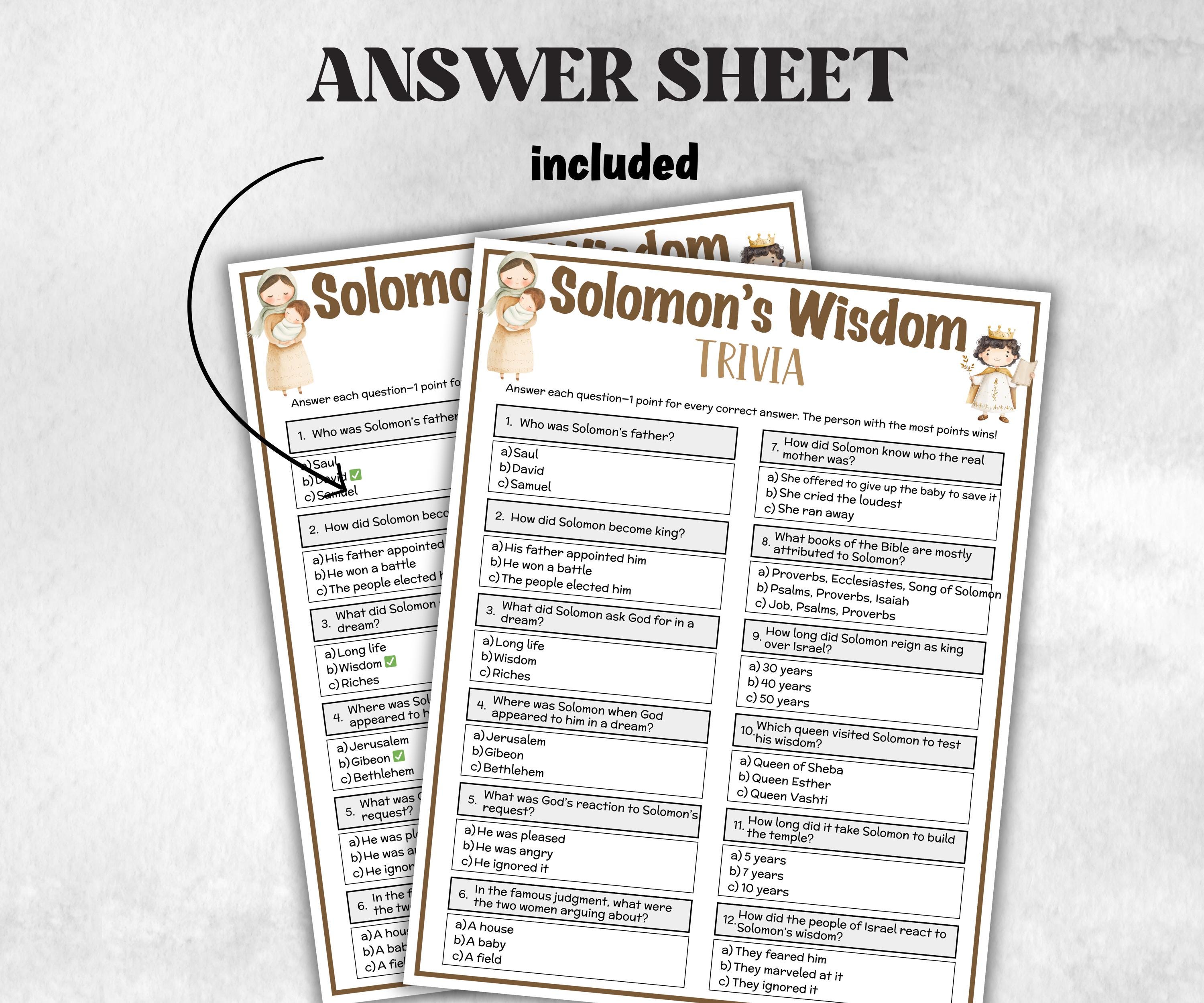 Solomon's Wisdom Printable Trivia for kid, Old Testament Activity, Classroom Christmas, Church Fundraiser game, Adult Teen church Icebreaker-Office Supplies -TheHustlingCatLady-Party Games