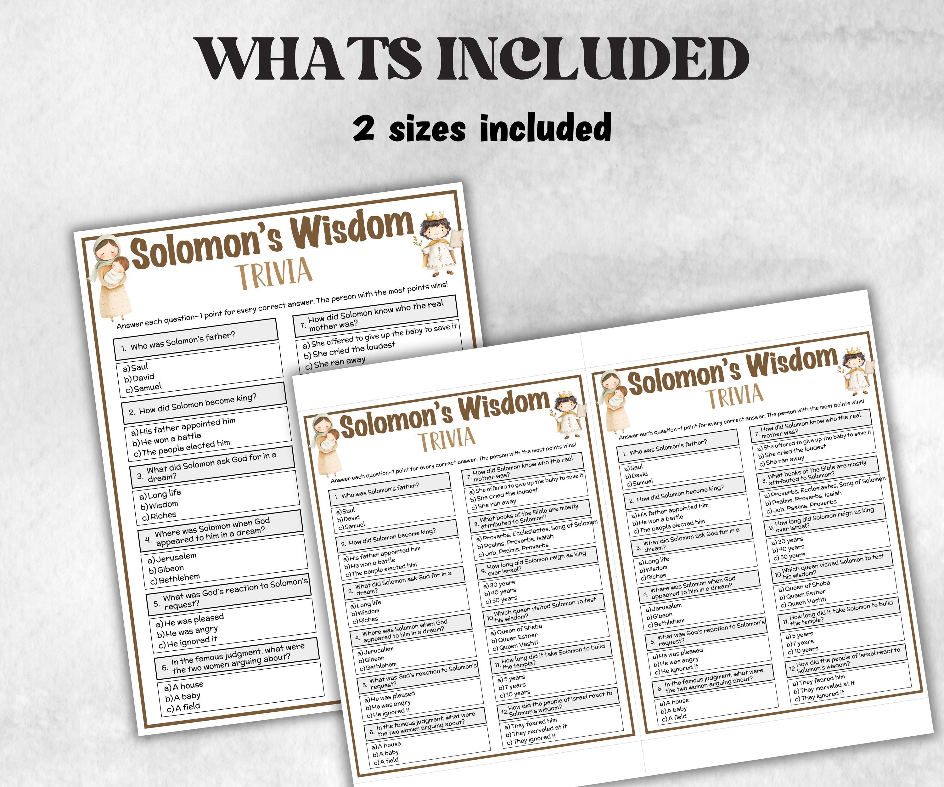 Solomon's Wisdom Printable Trivia for kid, Old Testament Activity, Classroom Christmas, Church Fundraiser game, Adult Teen church Icebreaker-Office Supplies -TheHustlingCatLady-Party Games