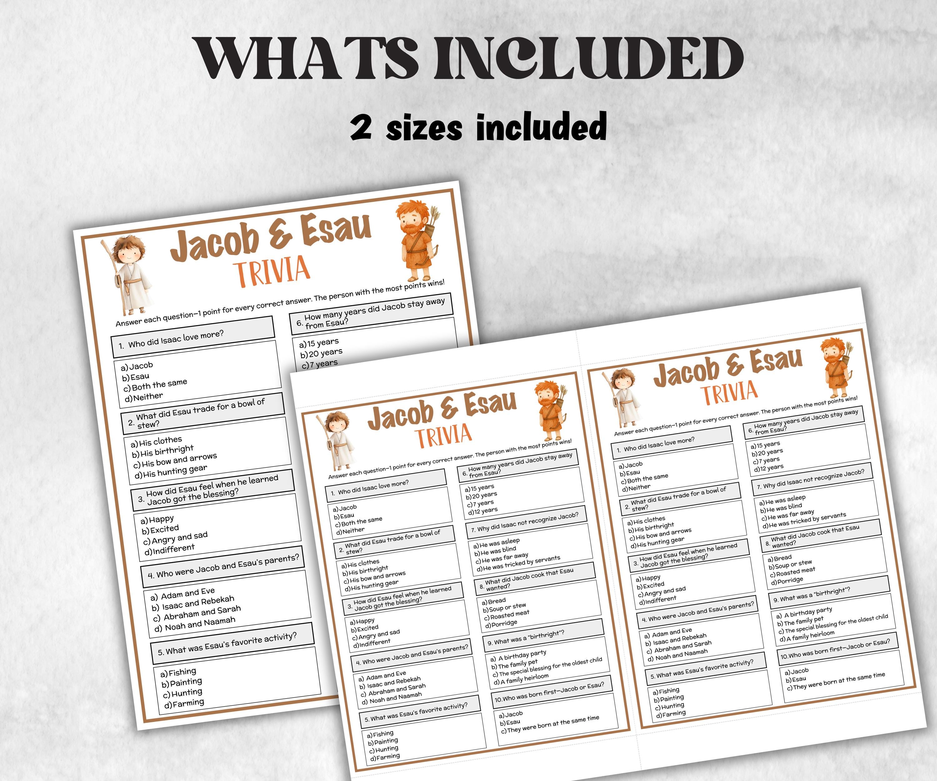 Jacob and Esau Printable Trivia for kid, Old Testament Activity, Classroom Christmas, Church Fundraiser game, Adult Teen church Icebreaker-Office Supplies -TheHustlingCatLady-Party Games