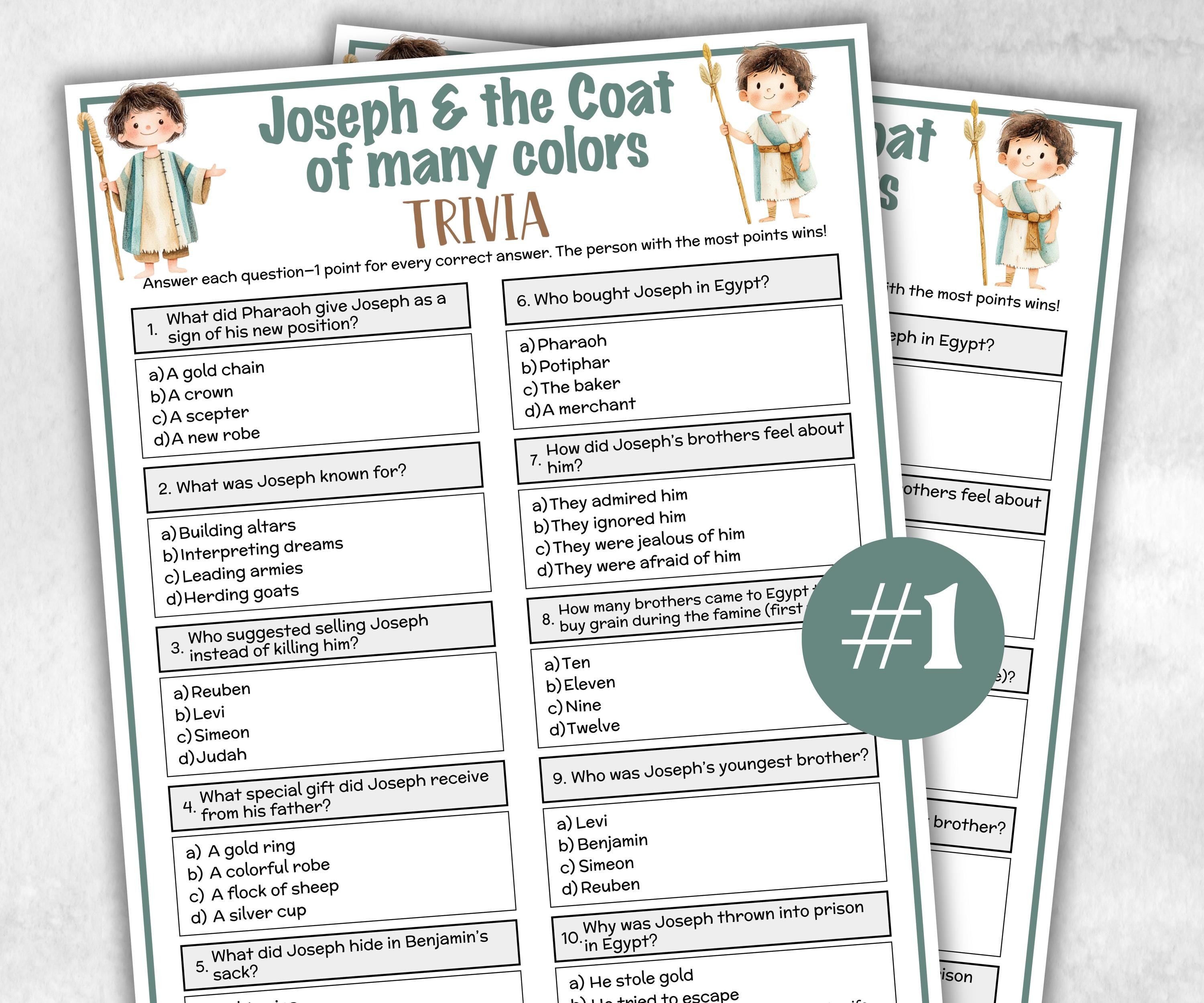 Joseph and the coat of many colors, Printable Trivia for kid, Old Testament Activity, Church Fundraiser, Adult Teen church Icebreaker, class-Office Supplies -TheHustlingCatLady-Party Games