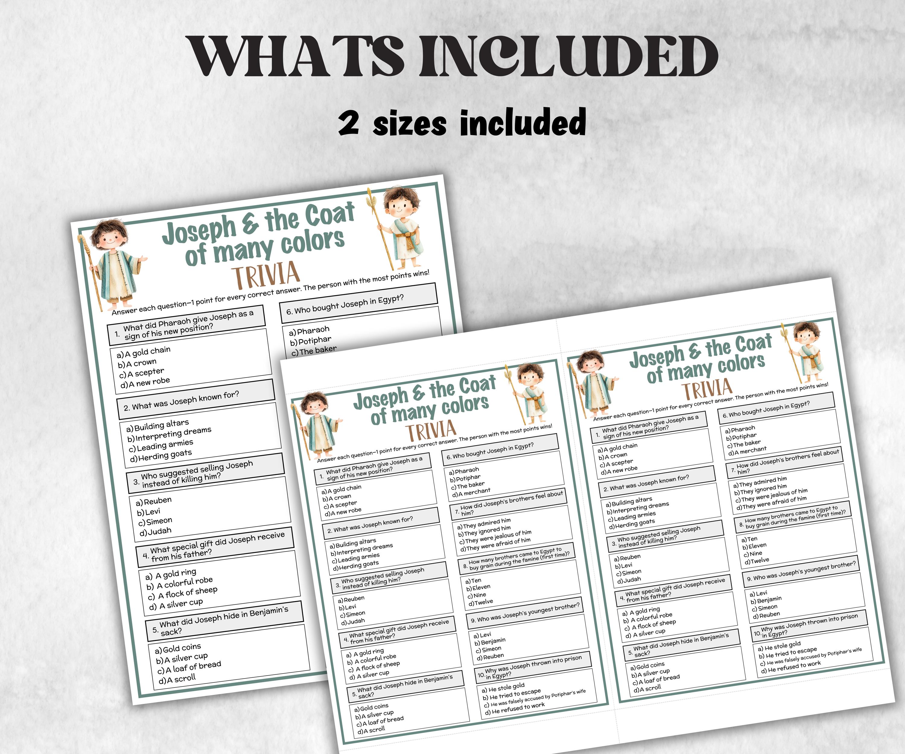 Joseph and the coat of many colors, Printable Trivia for kid, Old Testament Activity, Church Fundraiser, Adult Teen church Icebreaker, class-Office Supplies -TheHustlingCatLady-Party Games