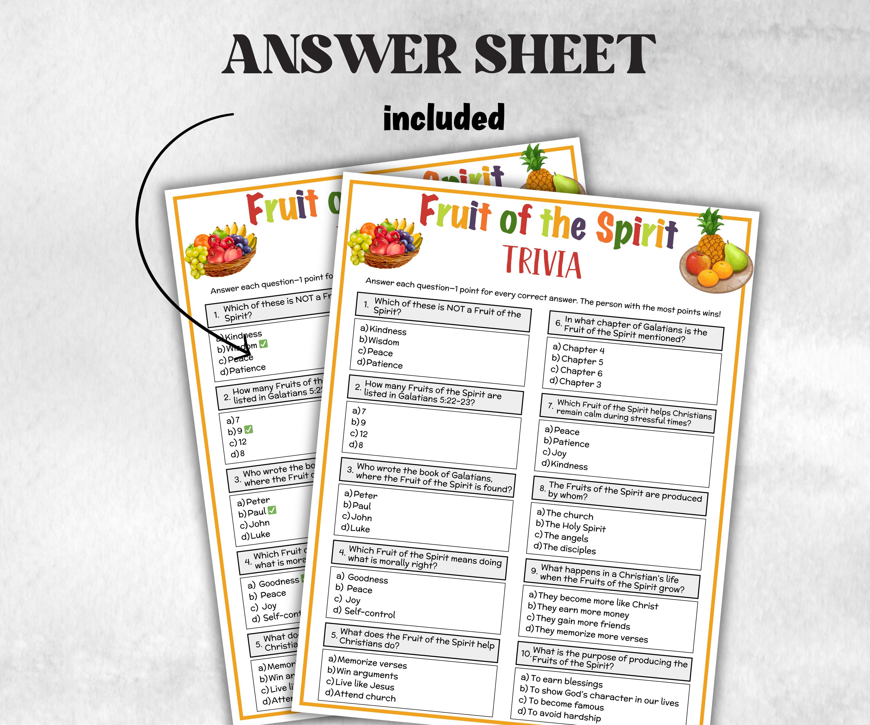 Printable Fruit of the spirit Trivia for kid, New Testament Activity, Classroom Christmas, Church Fundraiser, Adult Teen church Icebreaker-Office Supplies -TheHustlingCatLady-Party Games