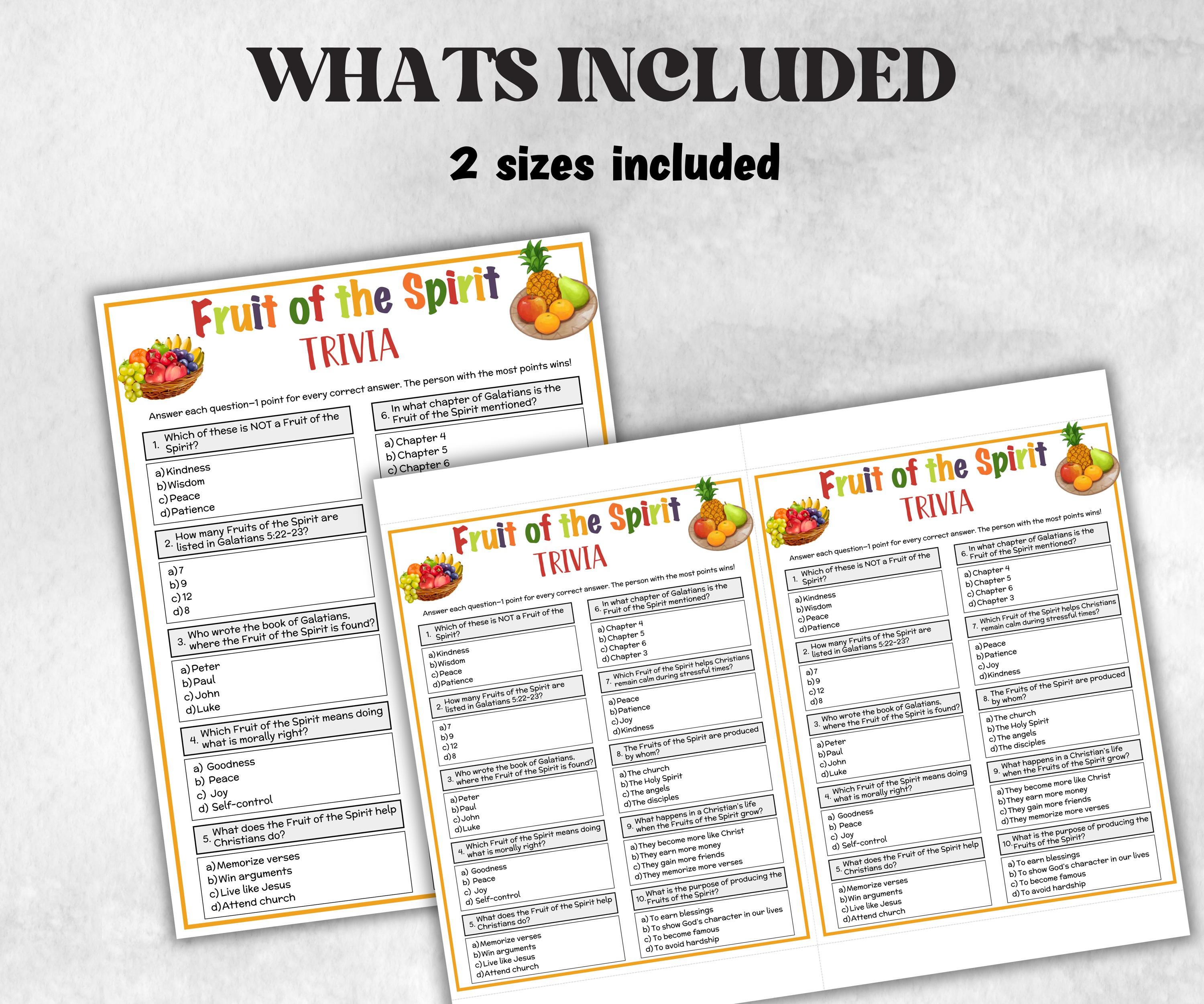 Printable Fruit of the spirit Trivia for kid, New Testament Activity, Classroom Christmas, Church Fundraiser, Adult Teen church Icebreaker-Office Supplies -TheHustlingCatLady-Party Games
