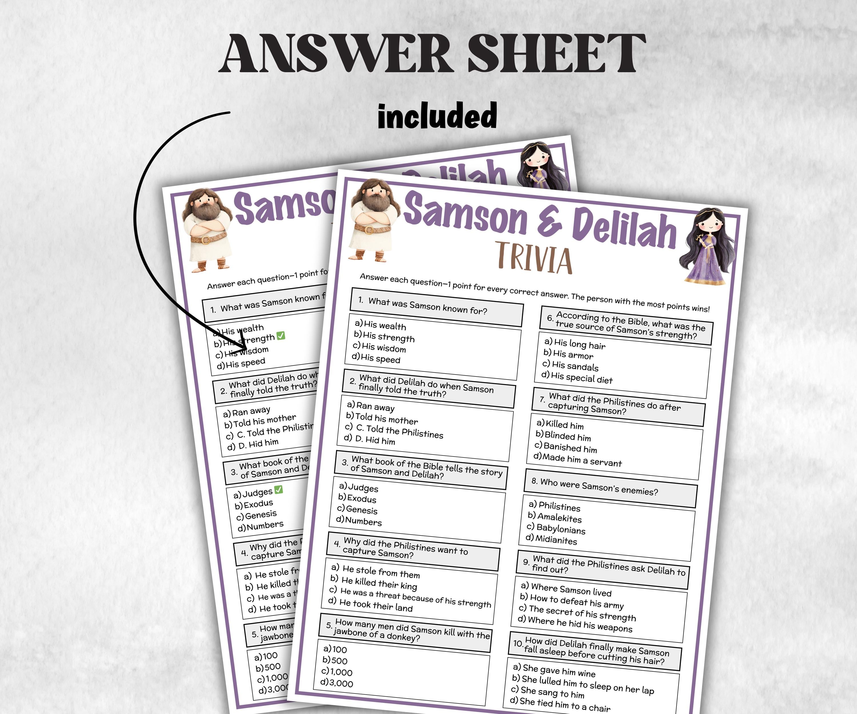 Printable Samson and Delilah Trivia for kid, Old Testament Activity, Classroom Christmas, Church Fundraiser, Adult Teen church Icebreaker-Office Supplies -TheHustlingCatLady-Party Games