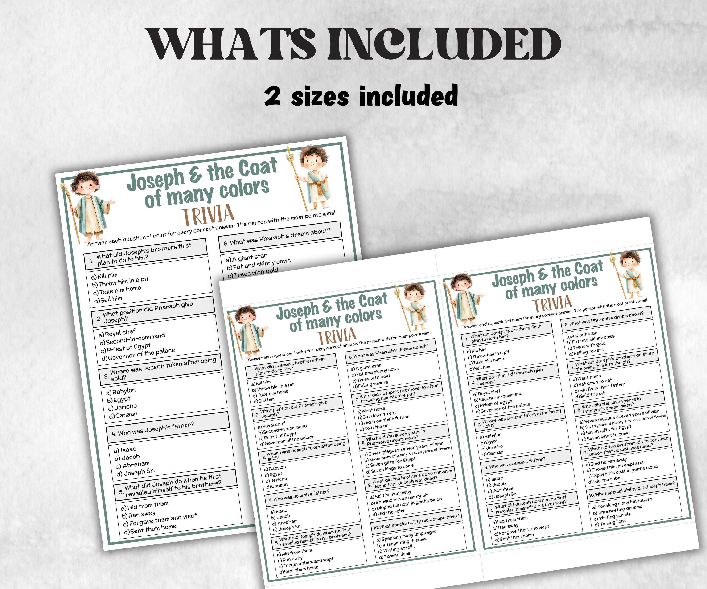 Printable Joseph and the coat of many colors Trivia for kid, Old Testament Activity, Church Fundraiser, Adult Teen church Icebreaker, class-Office Supplies -TheHustlingCatLady-Party Games