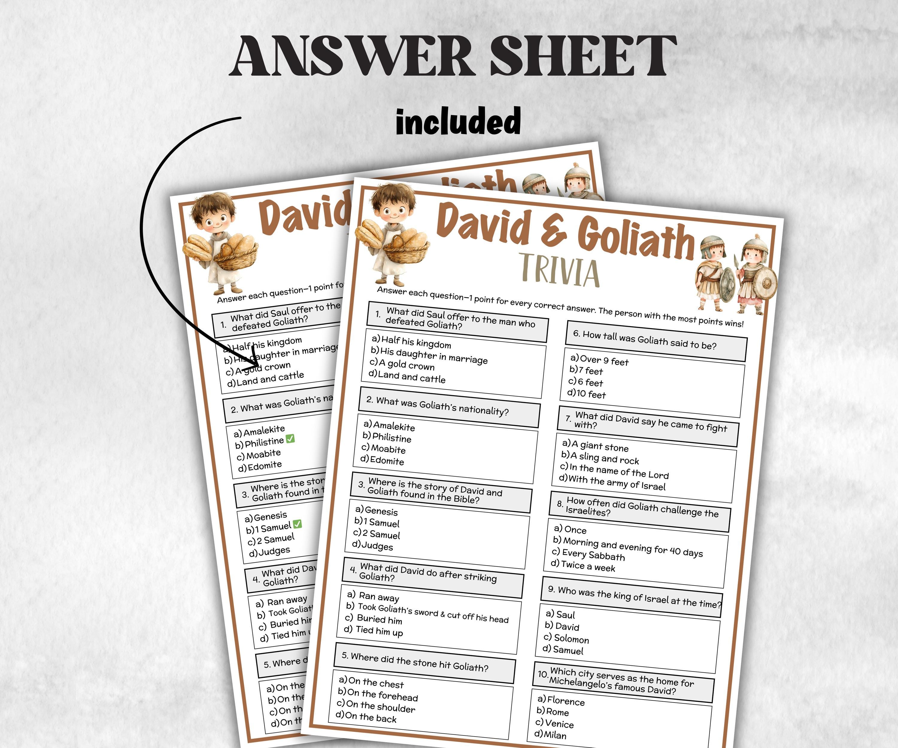 Printable David & Goliath Trivia for kid, Old Testament Activity, Classroom Christmas, Church Fundraiser game, Adult Teen church Icebreaker-Office Supplies -TheHustlingCatLady-Party Games