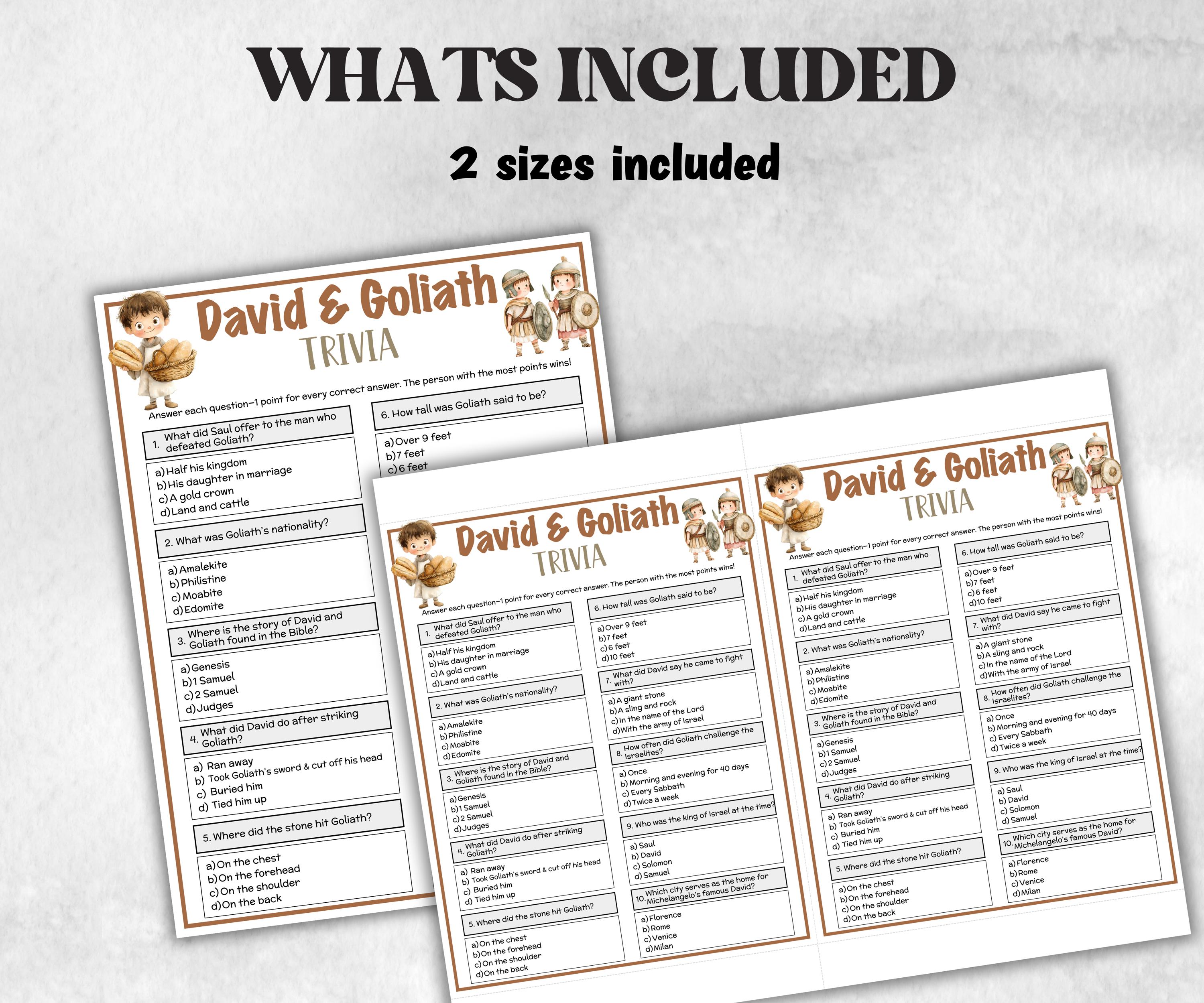 Printable David & Goliath Trivia for kid, Old Testament Activity, Classroom Christmas, Church Fundraiser game, Adult Teen church Icebreaker-Office Supplies -TheHustlingCatLady-Party Games