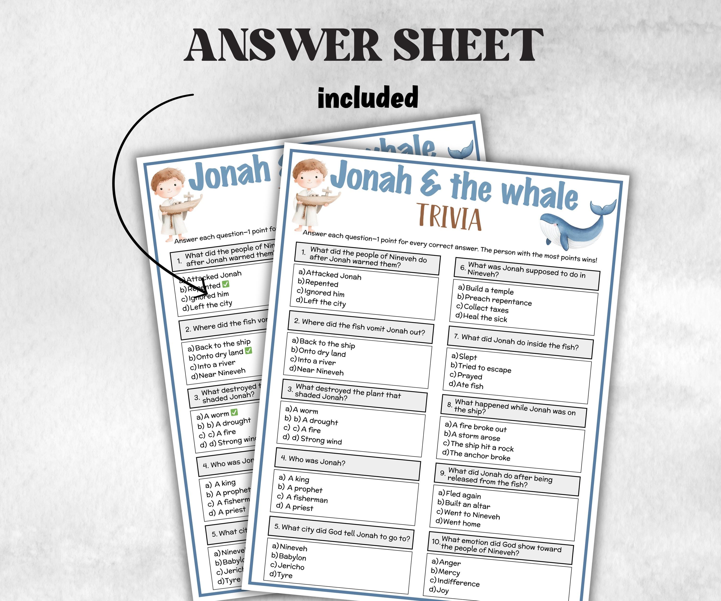 Printable Jonah and the whale Trivia for kid, Old Testament Activity, Classroom Christmas, Church Fundraiser, Adult Teen church Icebreaker-Office Supplies -TheHustlingCatLady-Party Games