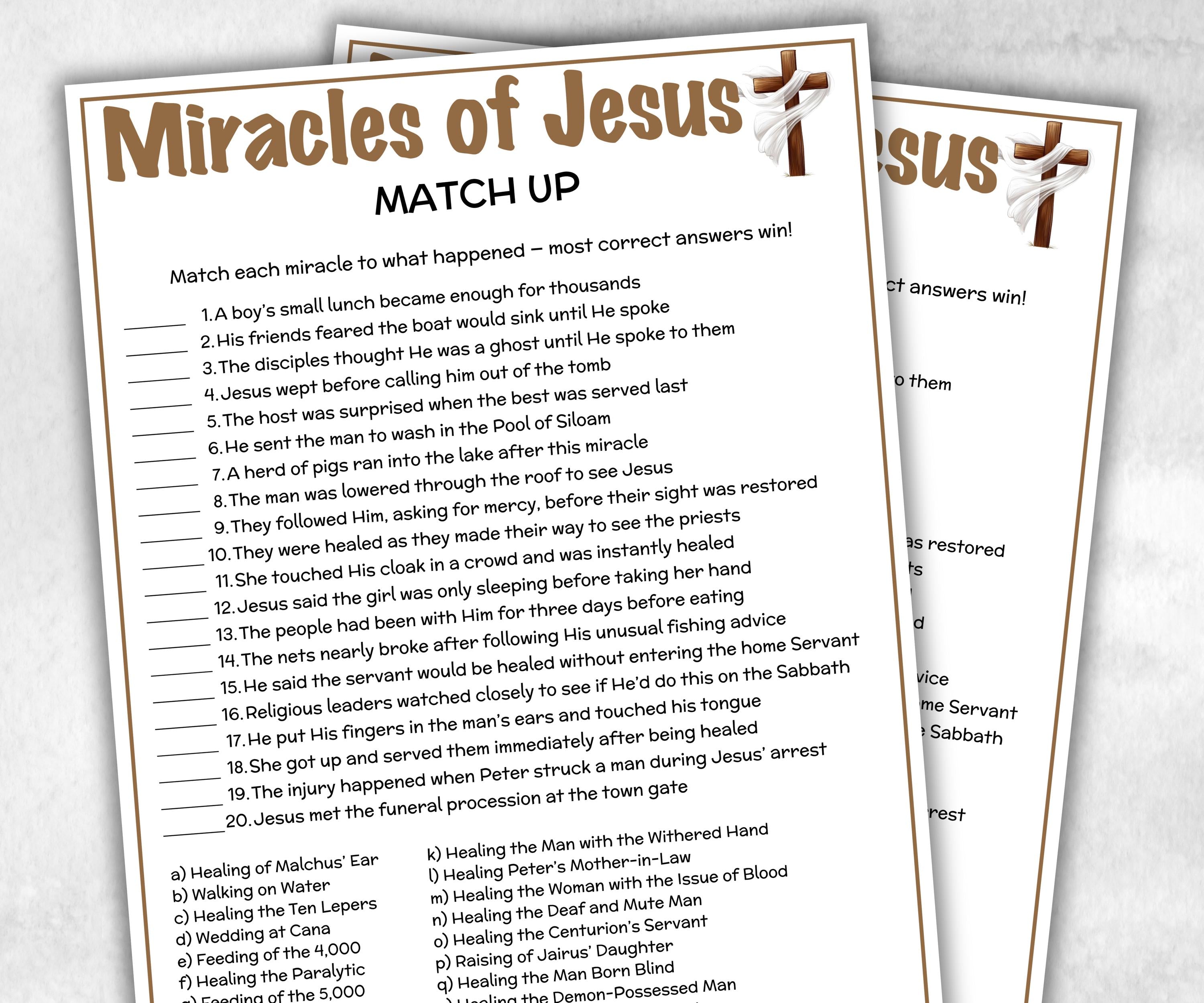 Printable Miracles of Jesus Match up for kid, Old Testament Activity, Classroom Riddles, Church Fundraiser, Adult Teen church Icebreaker-Office Supplies -TheHustlingCatLady-Party Games