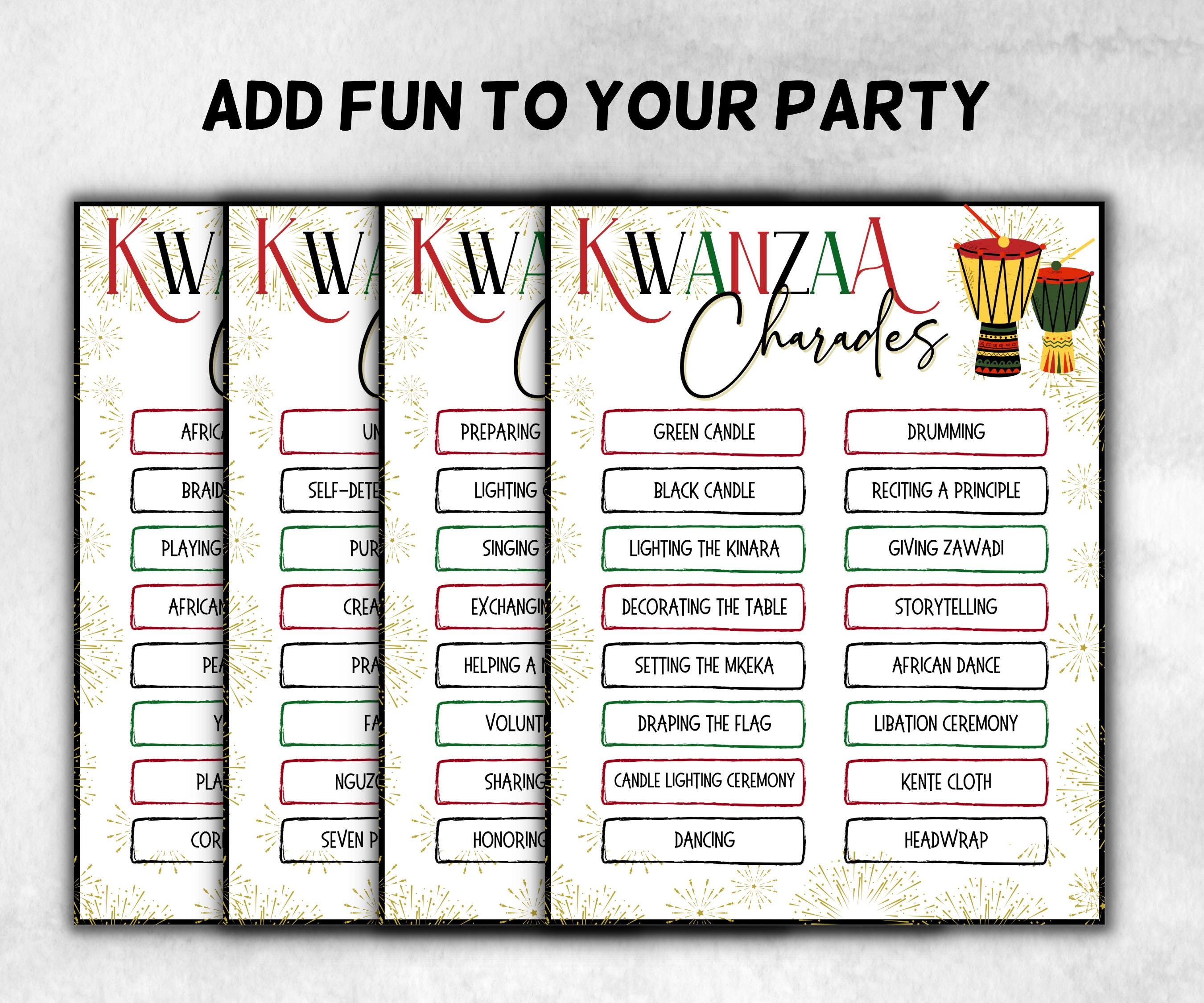 Kwanzaa charades Game, African Kids Adults Party, Group religious tradition game, Act or Draw Family Game Night, Kinara African Culture-Holidays -TheHustlingCatLady-Party Games