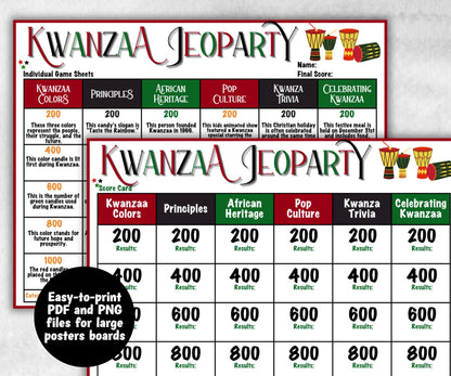 Kwanzaa Jeopardy fun Game, African Kid Adults Party, Group religious tradition, Family Feud Style, Black Culture Trivia Card, Kinara Culture-Holidays -TheHustlingCatLady-Party Games
