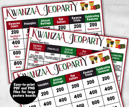 Kwanzaa Jeopardy fun Game, African Kid Adults Party, Group religious tradition, Family Feud Style, Black Culture Trivia Card, Kinara Culture-Holidays -TheHustlingCatLady-Party Games