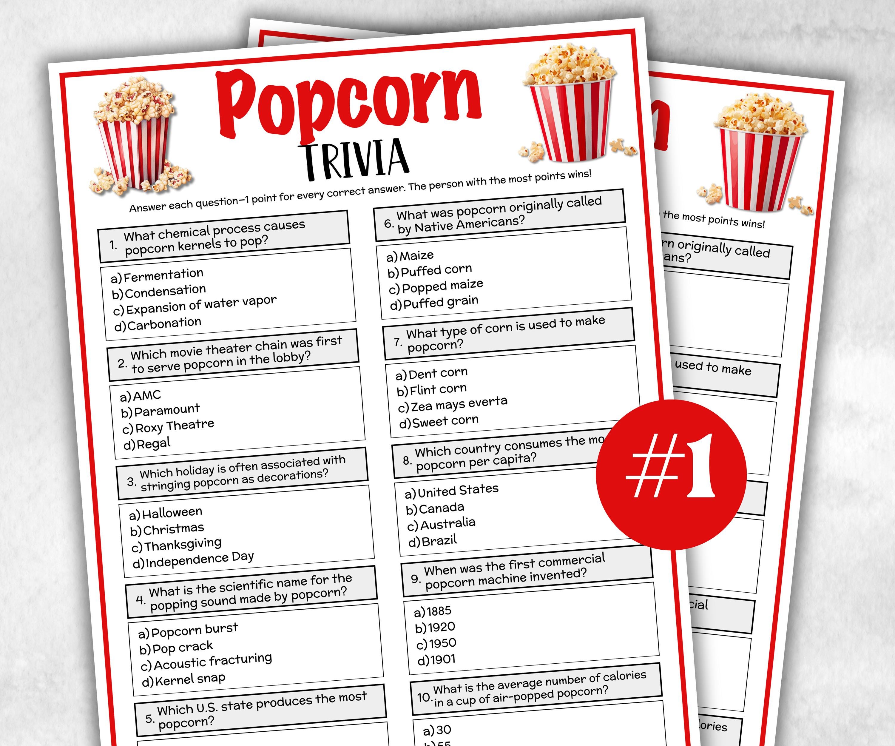 Printable Popcorn Trivia Game, Poprcorn Theme Birthday Activity, Seniors Game, Trivia Game Night, Family Reunion, Sunday School, Classroom-Holidays -TheHustlingCatLady-Party Games