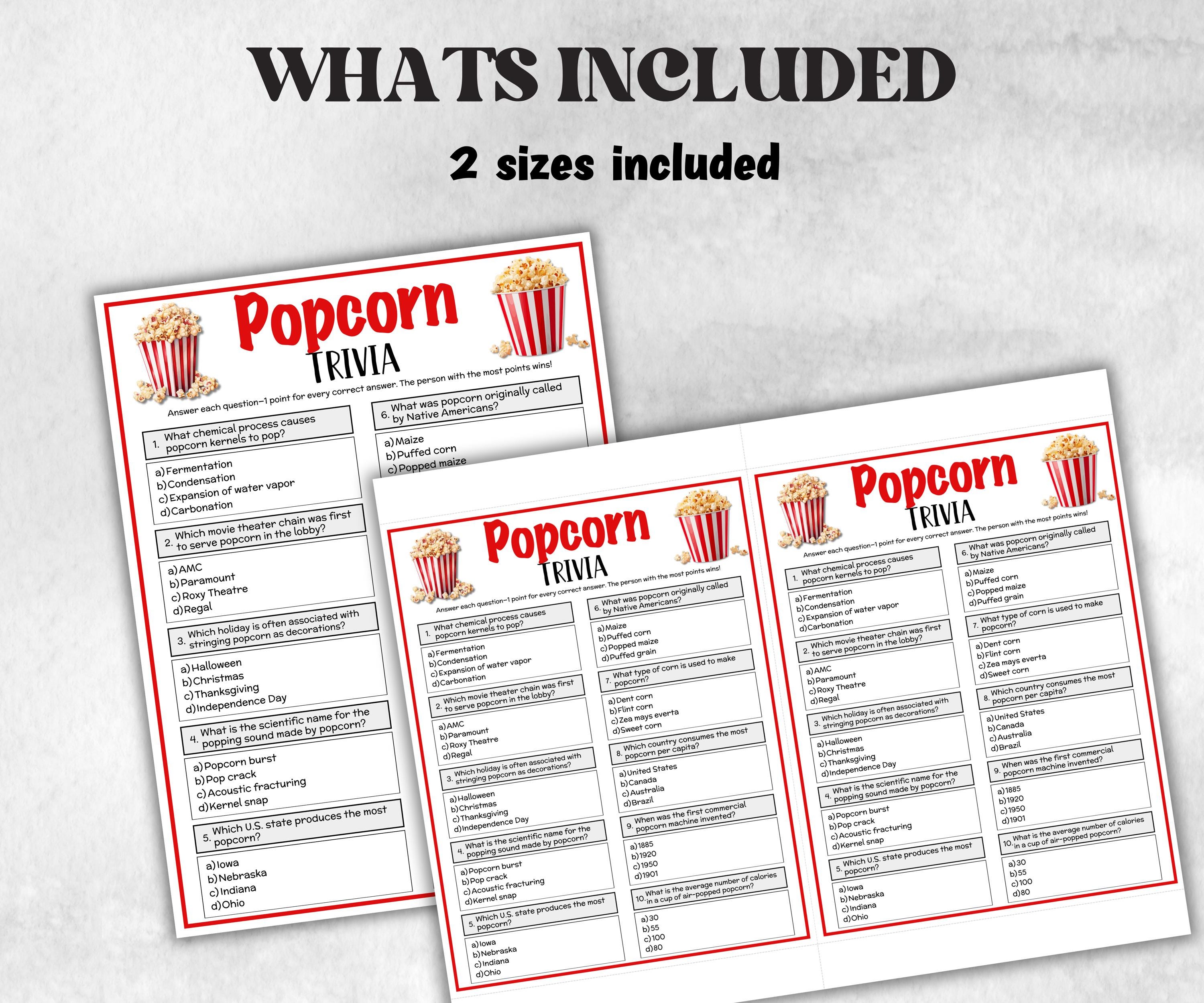 Printable Popcorn Trivia Game, Poprcorn Theme Birthday Activity, Seniors Game, Trivia Game Night, Family Reunion, Sunday School, Classroom-Holidays -TheHustlingCatLady-Party Games