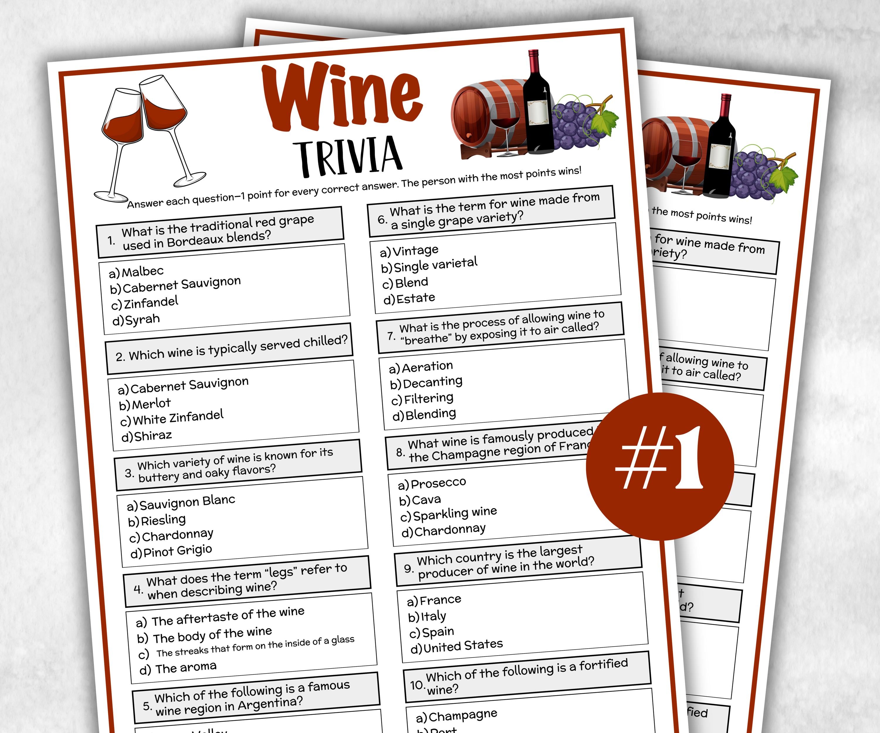 Printable Wine Trivia Game, Wine Theme Birthday Activity, Bridal Shower Trivia Game Night, Family Reunion, wine cheese party quiz, Classroom-Holidays -TheHustlingCatLady-Party Games