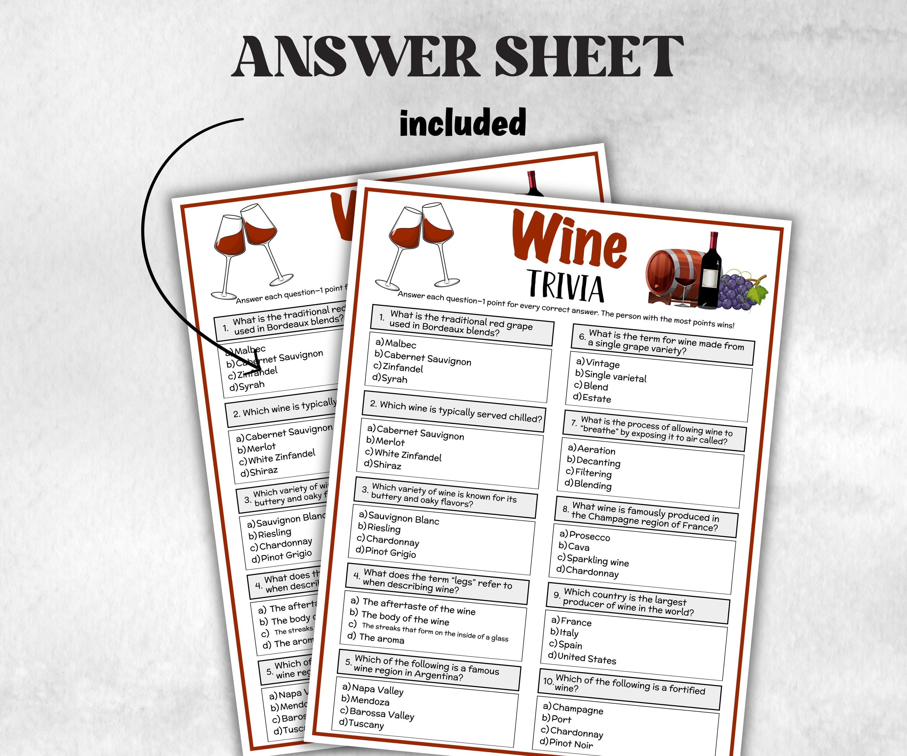 Printable Wine Trivia Game, Wine Theme Birthday Activity, Bridal Shower Trivia Game Night, Family Reunion, wine cheese party quiz, Classroom-Holidays -TheHustlingCatLady-Party Games