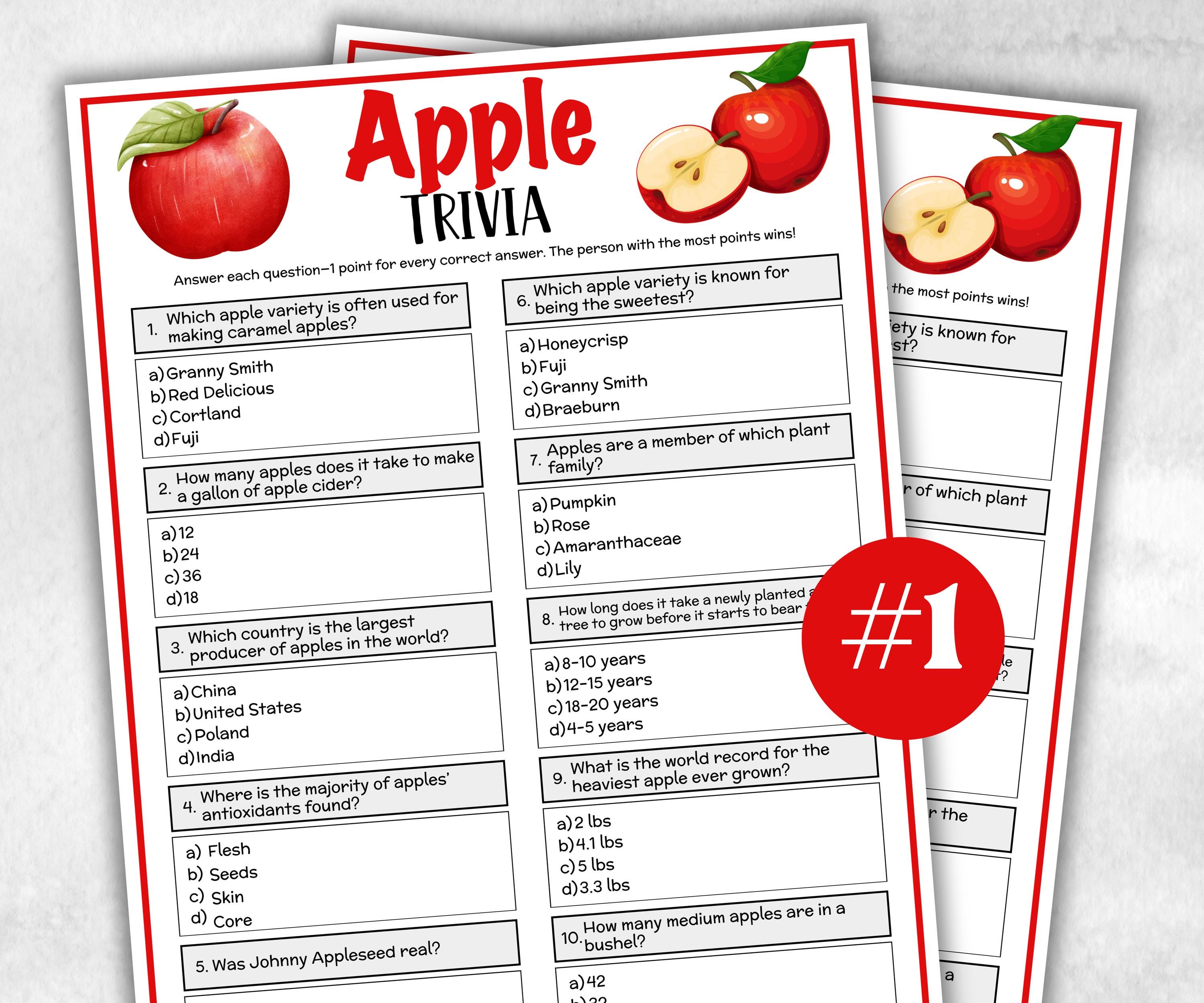 Printable Apple Trivia, Fall Apple Theme Birthday Activity, Trivia Game Night, Family Reunion, Holiday quiz, Halloween Classroom activity-Holidays -TheHustlingCatLady-Party Games