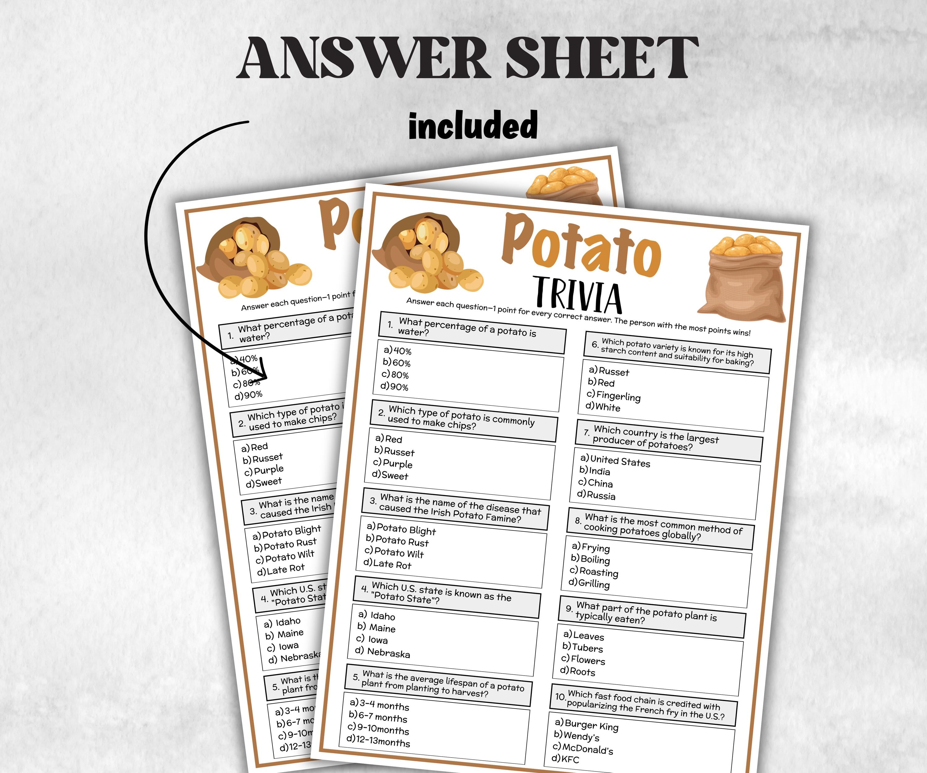 Printable Potato Trivia, Potato Theme Birthday Activity, Trivia Game Night, Family Reunion, Holiday quiz, national potato day, potato bar-Holidays -TheHustlingCatLady-Party Games