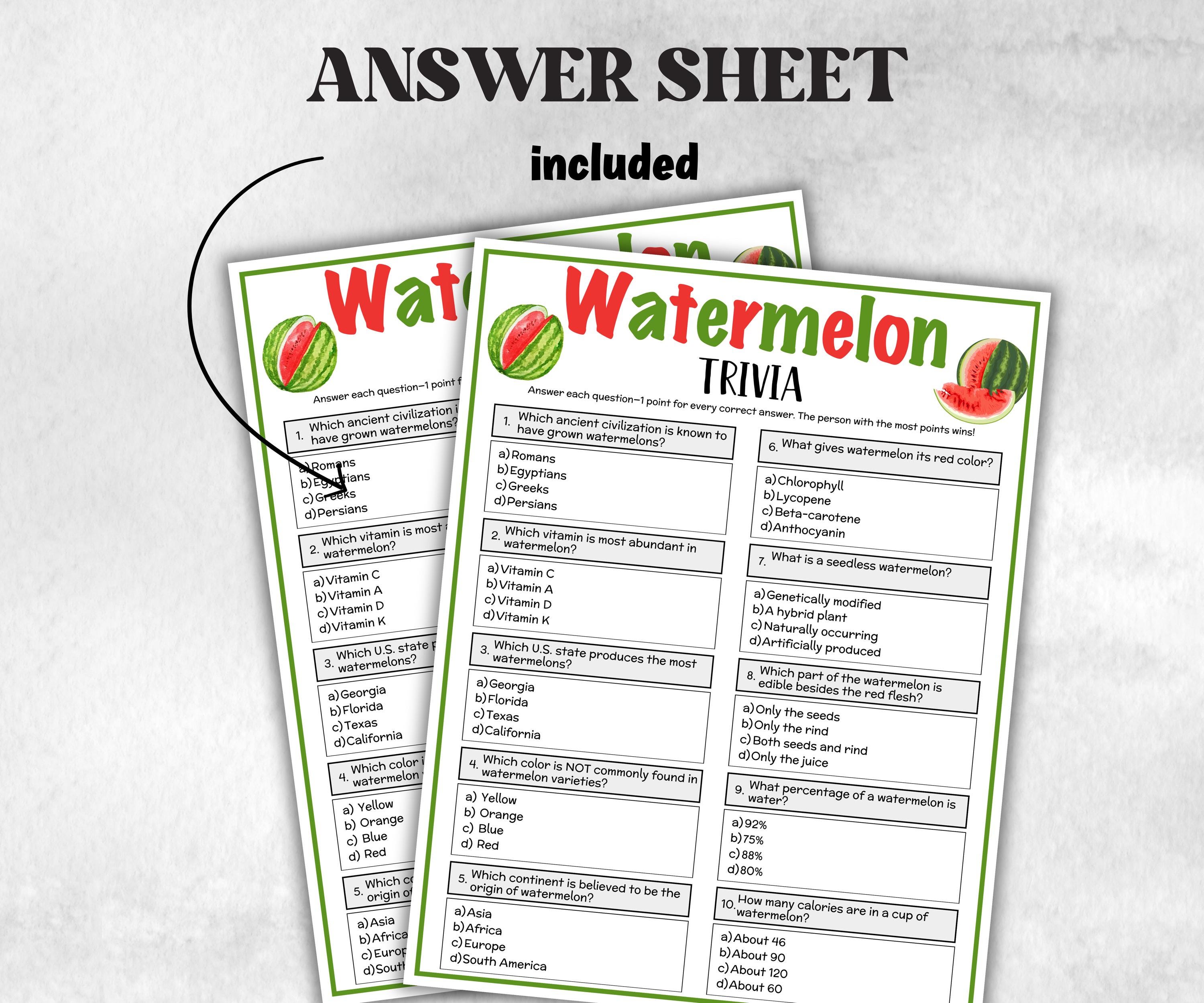 Printable Watermelon Trivia, Watermelon Theme Birthday Activity, Seniors Game, Trivia Game Night, Family Reunion, Classroom summer Spring-Holidays -TheHustlingCatLady-Party Games
