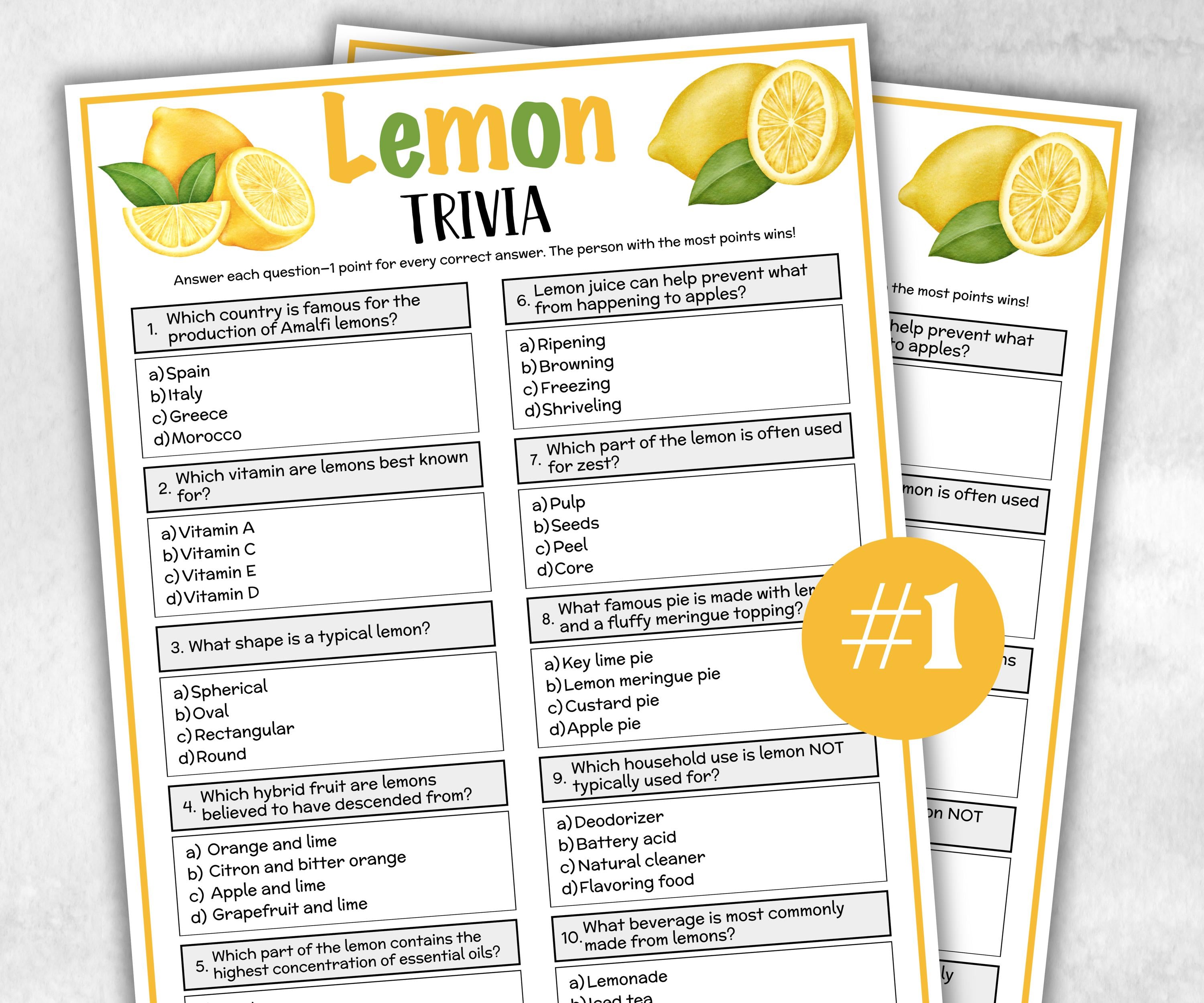 Printable Lemon Trivia, Lemon Themd Birthday Activity, Seniors Game, Trivia Game Night, Family Reunion, Classroom summer Spring, July Fruit-Holidays -TheHustlingCatLady-Party Games