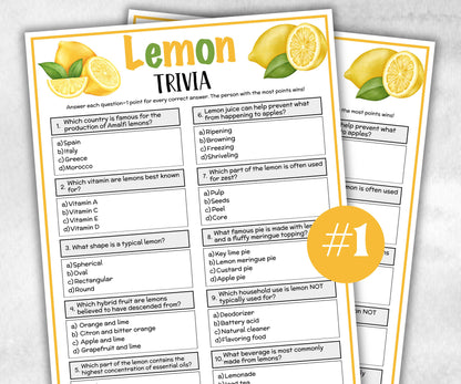 Printable Lemon Trivia, Lemon Themd Birthday Activity, Seniors Game, Trivia Game Night, Family Reunion, Classroom summer Spring, July Fruit-Holidays -TheHustlingCatLady-Party Games