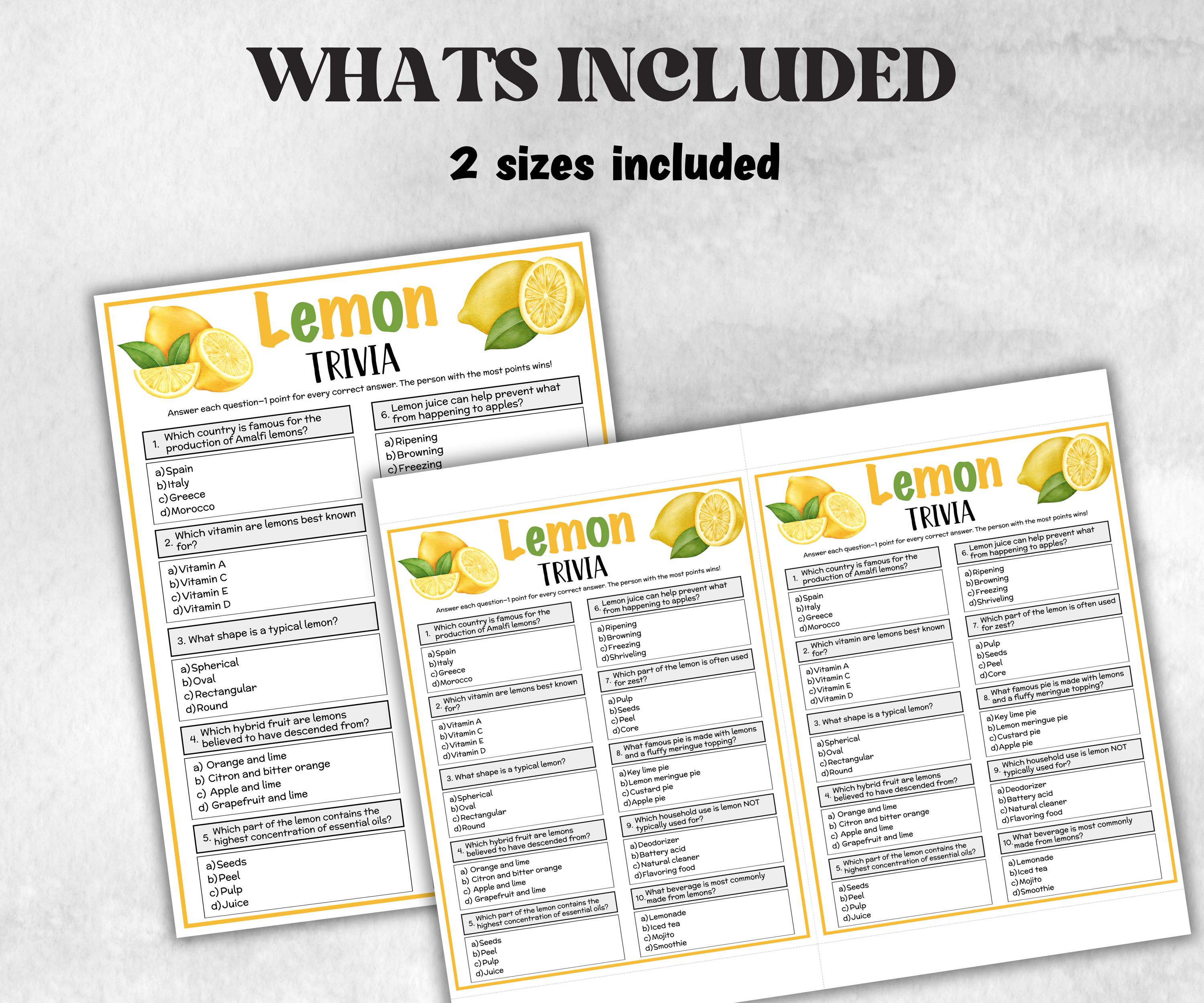 Printable Lemon Trivia, Lemon Themd Birthday Activity, Seniors Game, Trivia Game Night, Family Reunion, Classroom summer Spring, July Fruit-Holidays -TheHustlingCatLady-Party Games