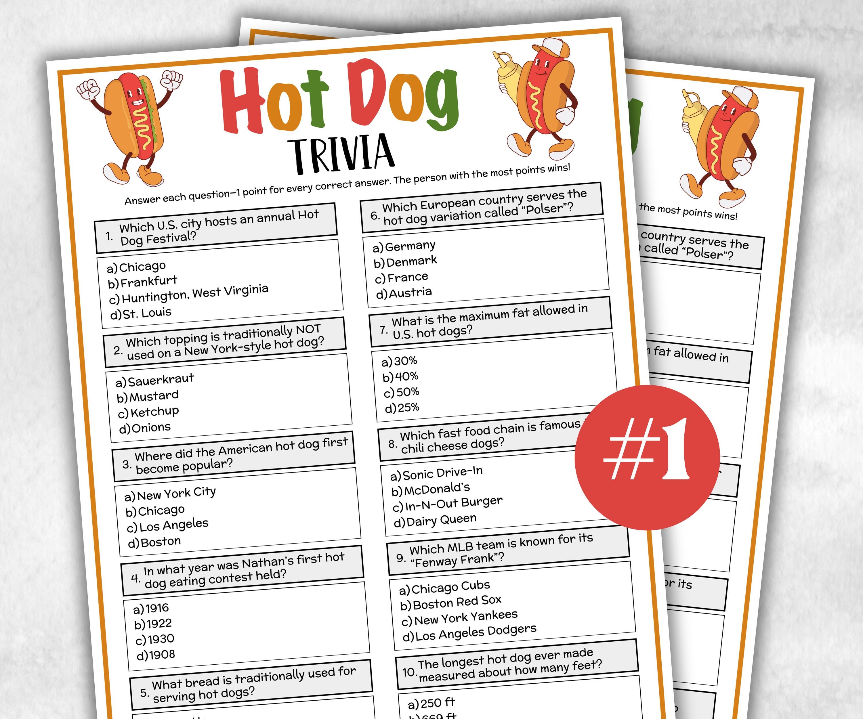 Printable Hot Dog Trivia, Hot Dog Theme Birthday Activity, Family Reunion, Classroom summer Spring, grilling wienerroast, summer icebreaker-Holidays -TheHustlingCatLady-Party Games
