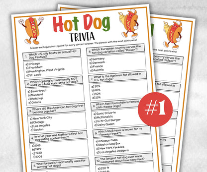 Printable Hot Dog Trivia, Hot Dog Theme Birthday Activity, Family Reunion, Classroom summer Spring, grilling wienerroast, summer icebreaker-Holidays -TheHustlingCatLady-Party Games
