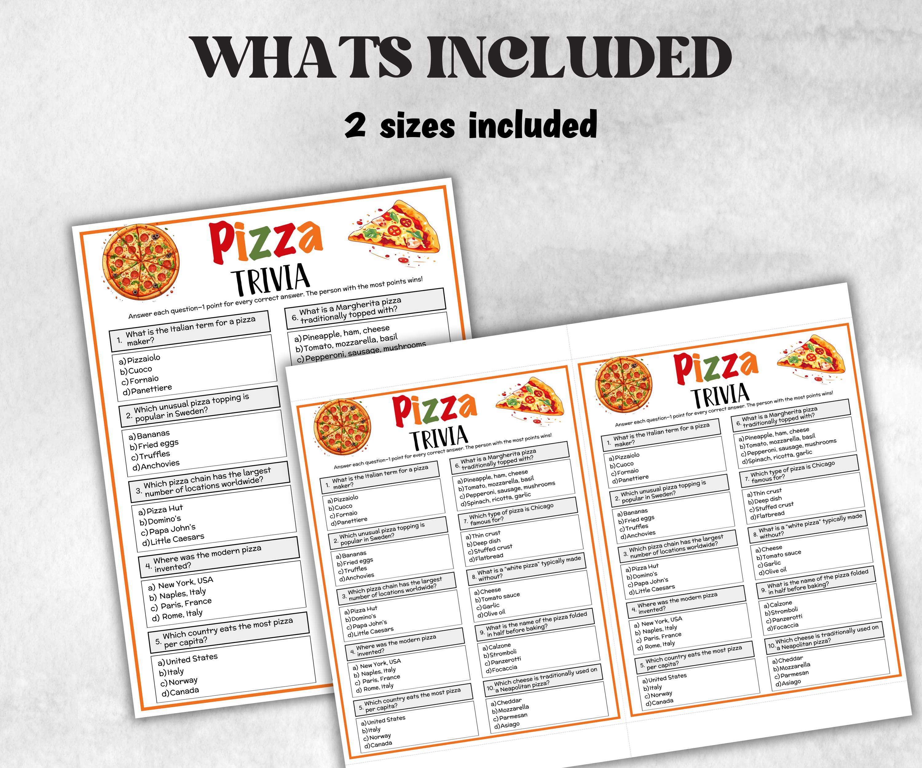 Printable Pizza Trivia, Pizza Theme Birthday Activity, Family Reunion, Classroom summer Spring dinner, teen pajama party, pizza baby show-Holidays -TheHustlingCatLady-Party Games