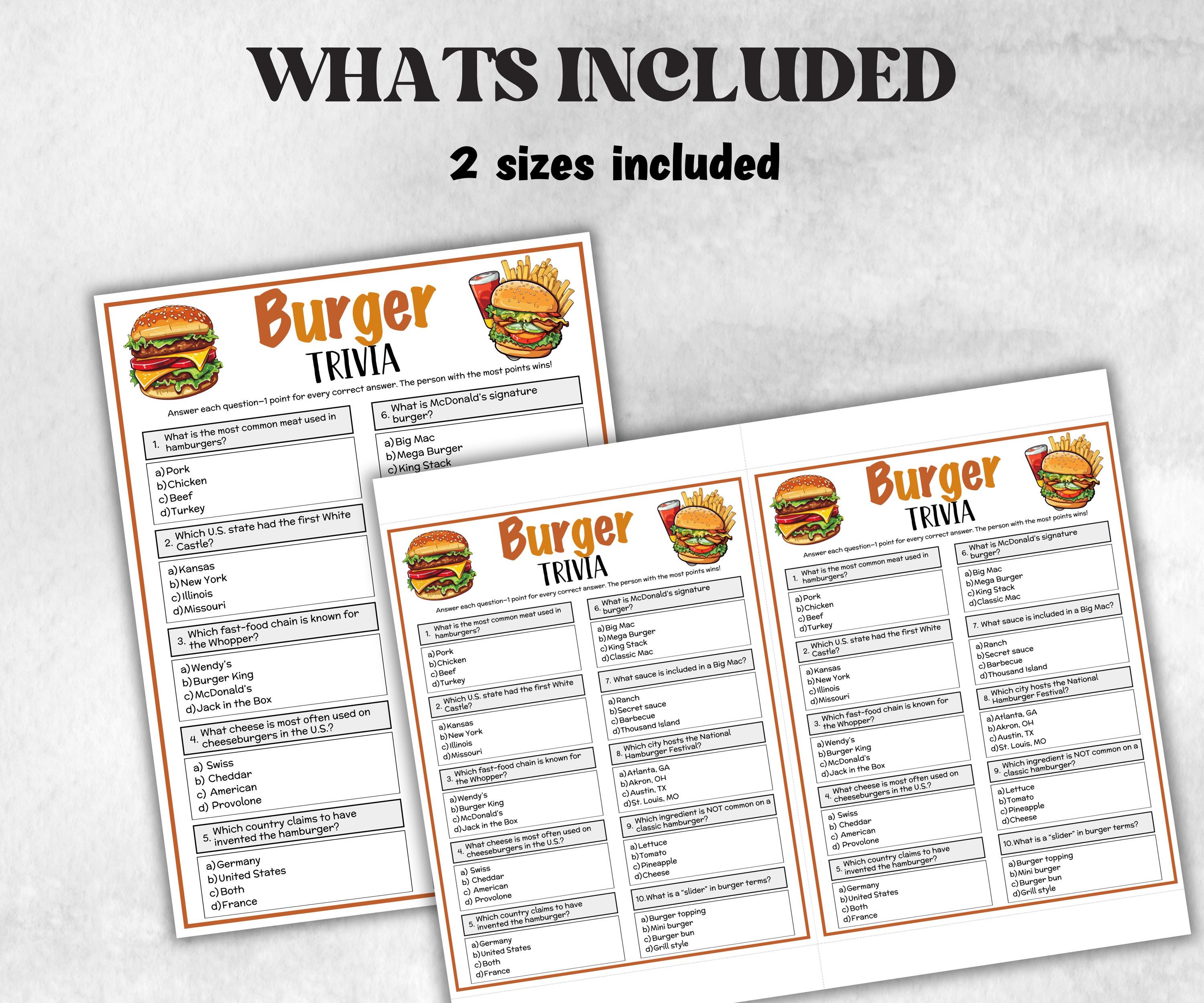 Printable Hamburger Trivia, Bbq Party, July 4Th Trivia, Summer Fast Food Party Games, Team Building, Family Game Night, Trivia Questions-Holidays -TheHustlingCatLady-Party Games