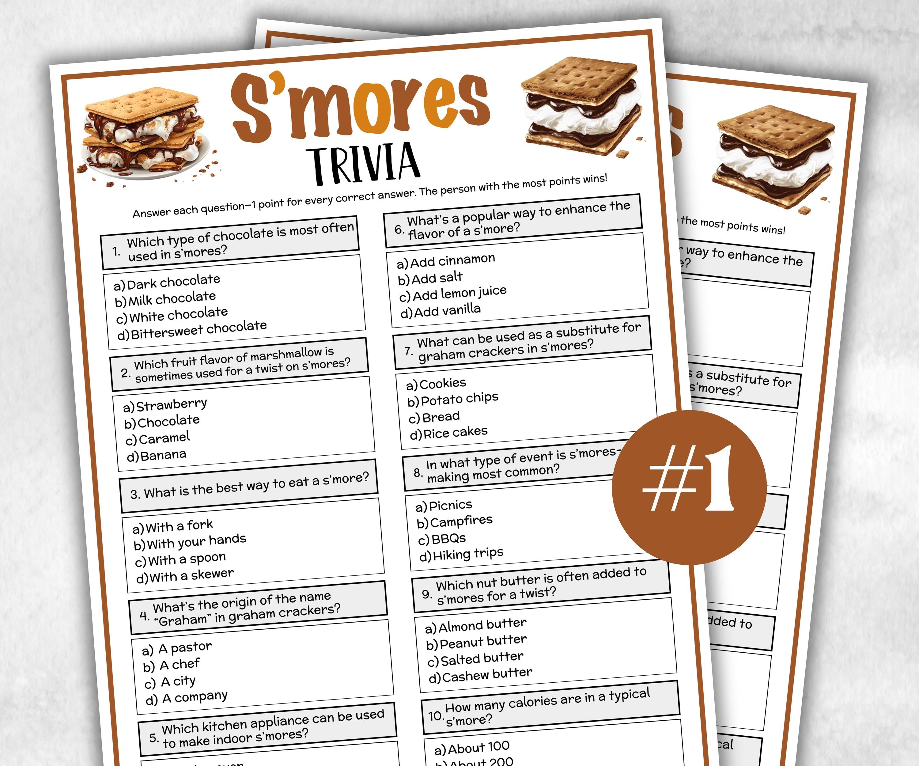 Printable S,mores Trivia, Camping Theme Bacholetette Activity, Family Reunion, Classroom summer camp, campfire games, Camping Trip fun idea-Holidays -TheHustlingCatLady-Party Games