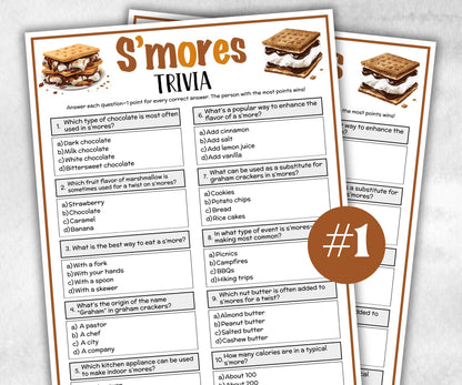 Printable S,mores Trivia, Camping Theme Bacholetette Activity, Family Reunion, Classroom summer camp, campfire games, Camping Trip fun idea-Holidays -TheHustlingCatLady-Party Games