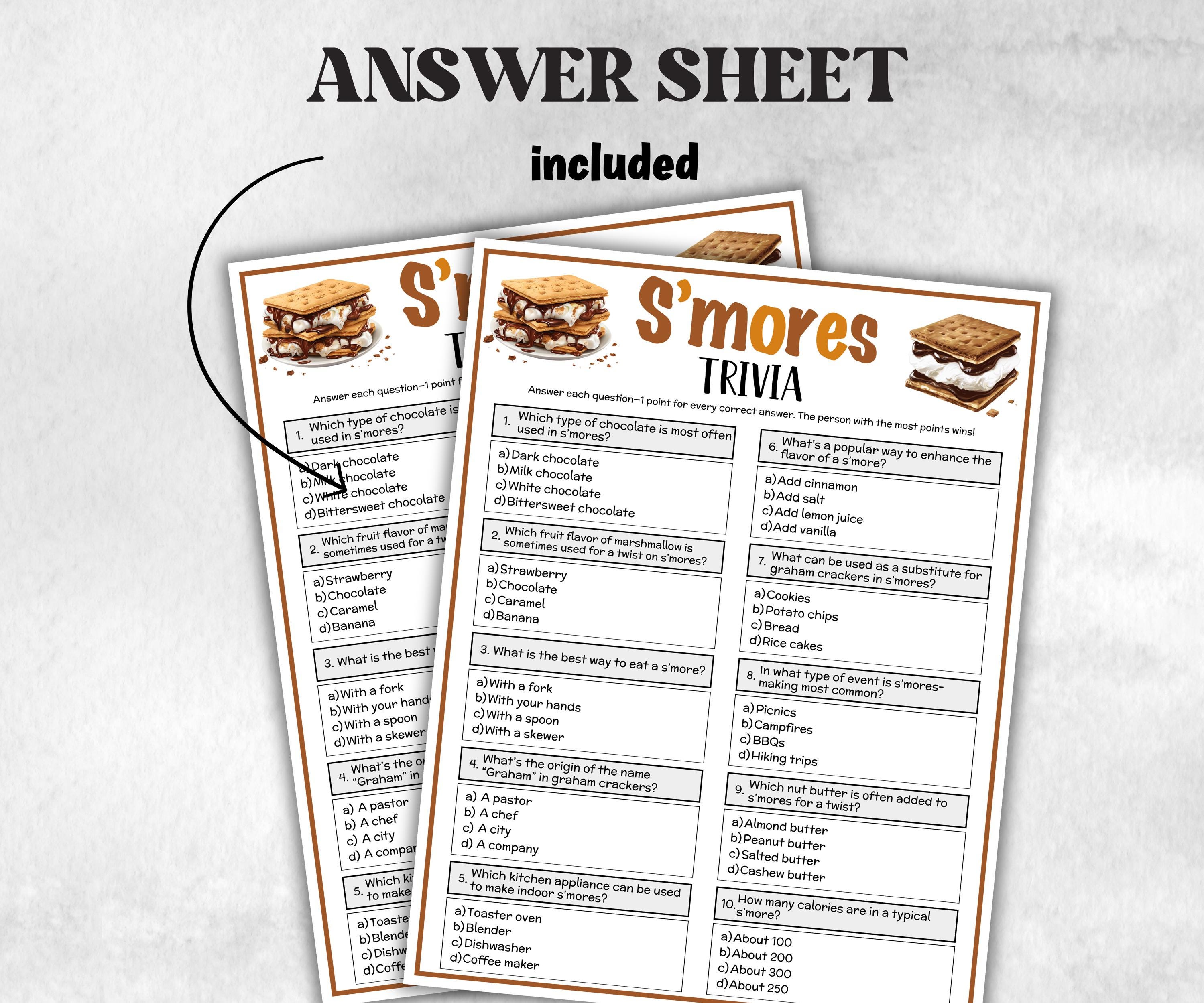 Printable S,mores Trivia, Camping Theme Bacholetette Activity, Family Reunion, Classroom summer camp, campfire games, Camping Trip fun idea-Holidays -TheHustlingCatLady-Party Games