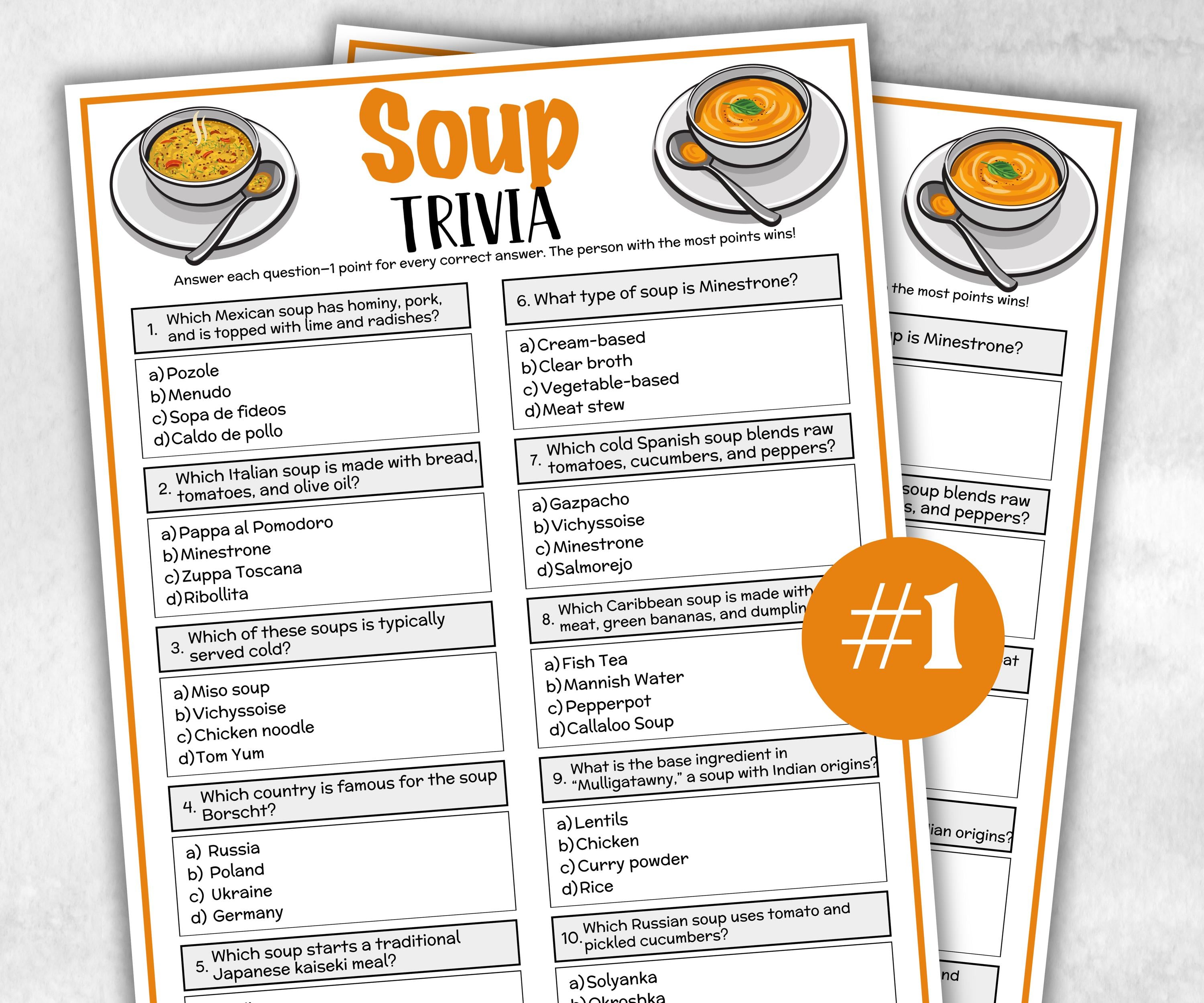 Printable Soup Trivia, Team Building Games, Soup Competition, Winter Soup Cook off Theme, Soup Fundraiser Fun, Potluck Contest, Rainy Snow-Holidays -TheHustlingCatLady-Party Games