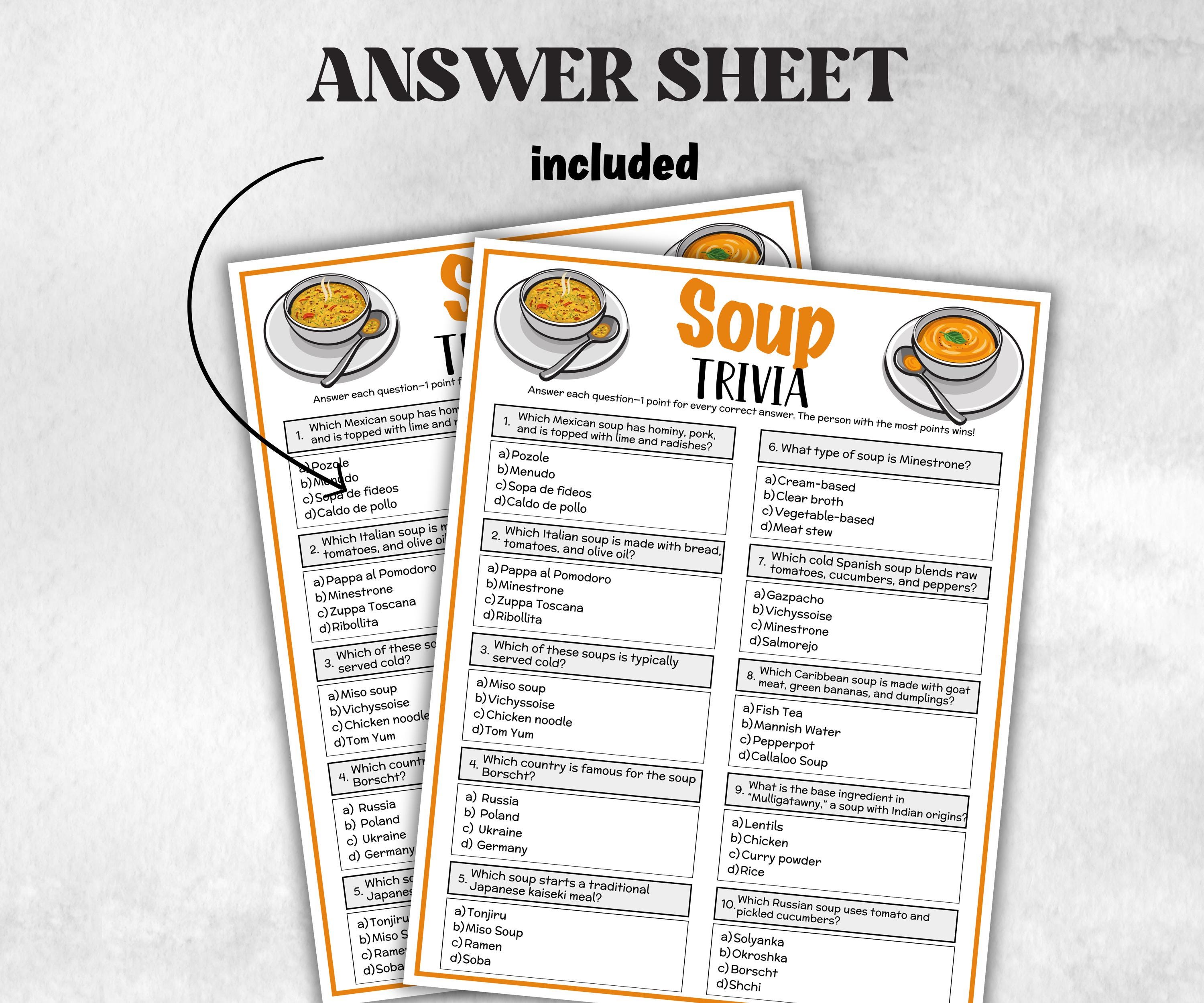Printable Soup Trivia, Team Building Games, Soup Competition, Winter Soup Cook off Theme, Soup Fundraiser Fun, Potluck Contest, Rainy Snow-Holidays -TheHustlingCatLady-Party Games