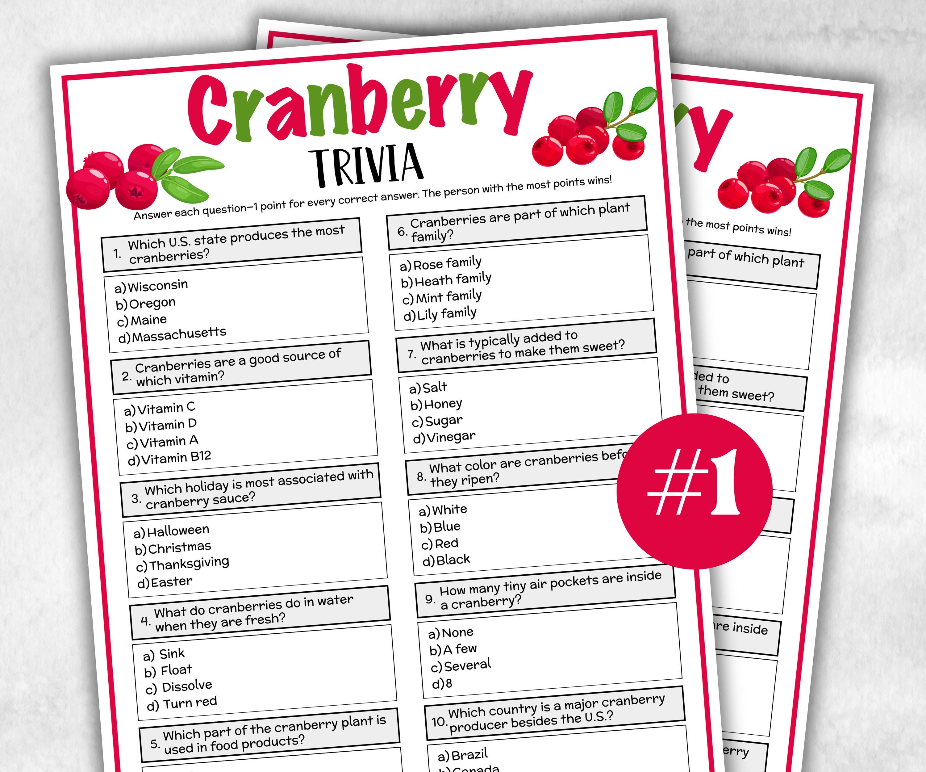 Printable Cranberry Trivia, Team Building Games, Thanksgiving Feast, Halloween Party quiz, Fall Autumn Game, Christmas winter, Holiday party-Holidays -TheHustlingCatLady-Party Games