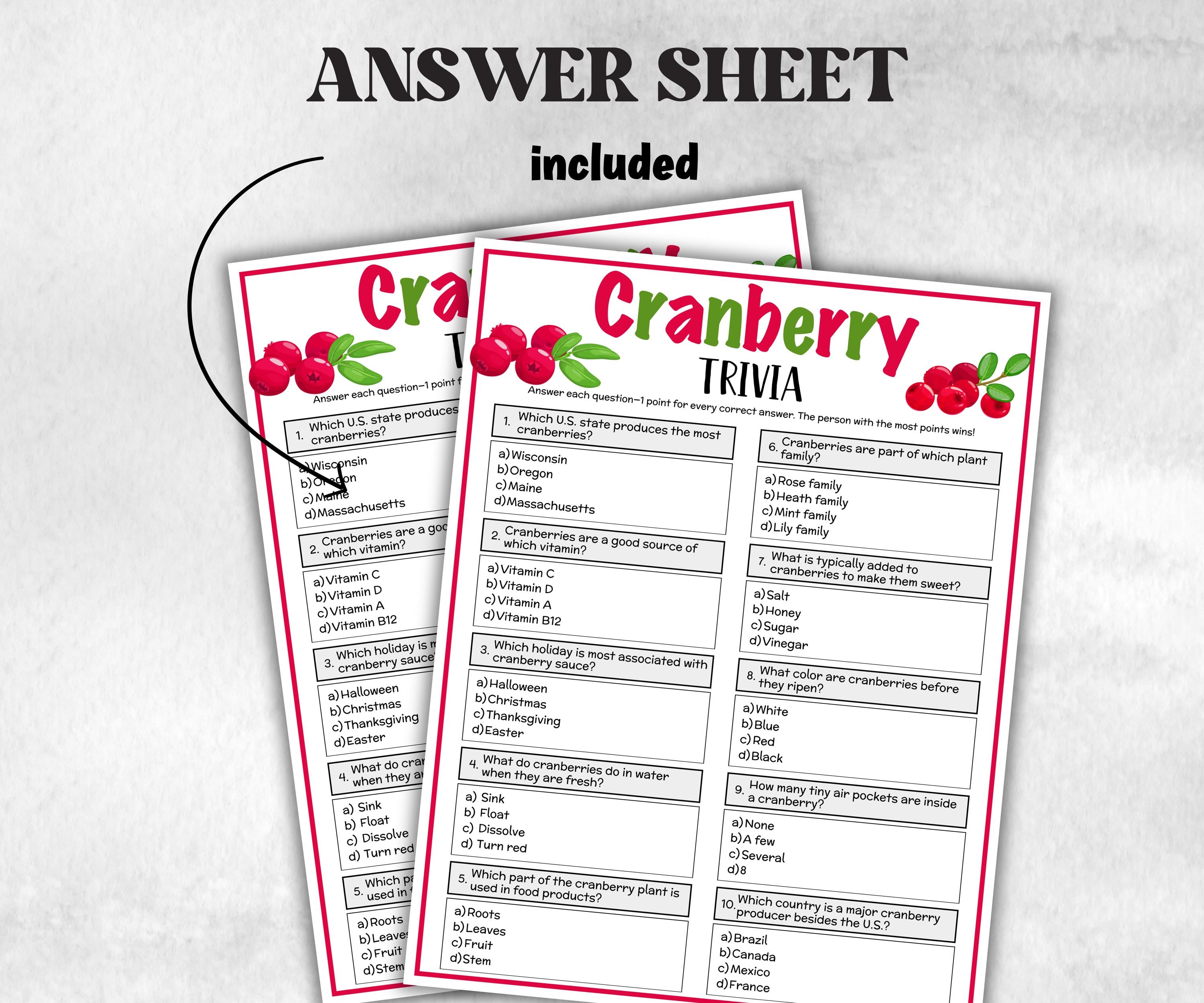 Printable Cranberry Trivia, Team Building Games, Thanksgiving Feast, Halloween Party quiz, Fall Autumn Game, Christmas winter, Holiday party-Holidays -TheHustlingCatLady-Party Games