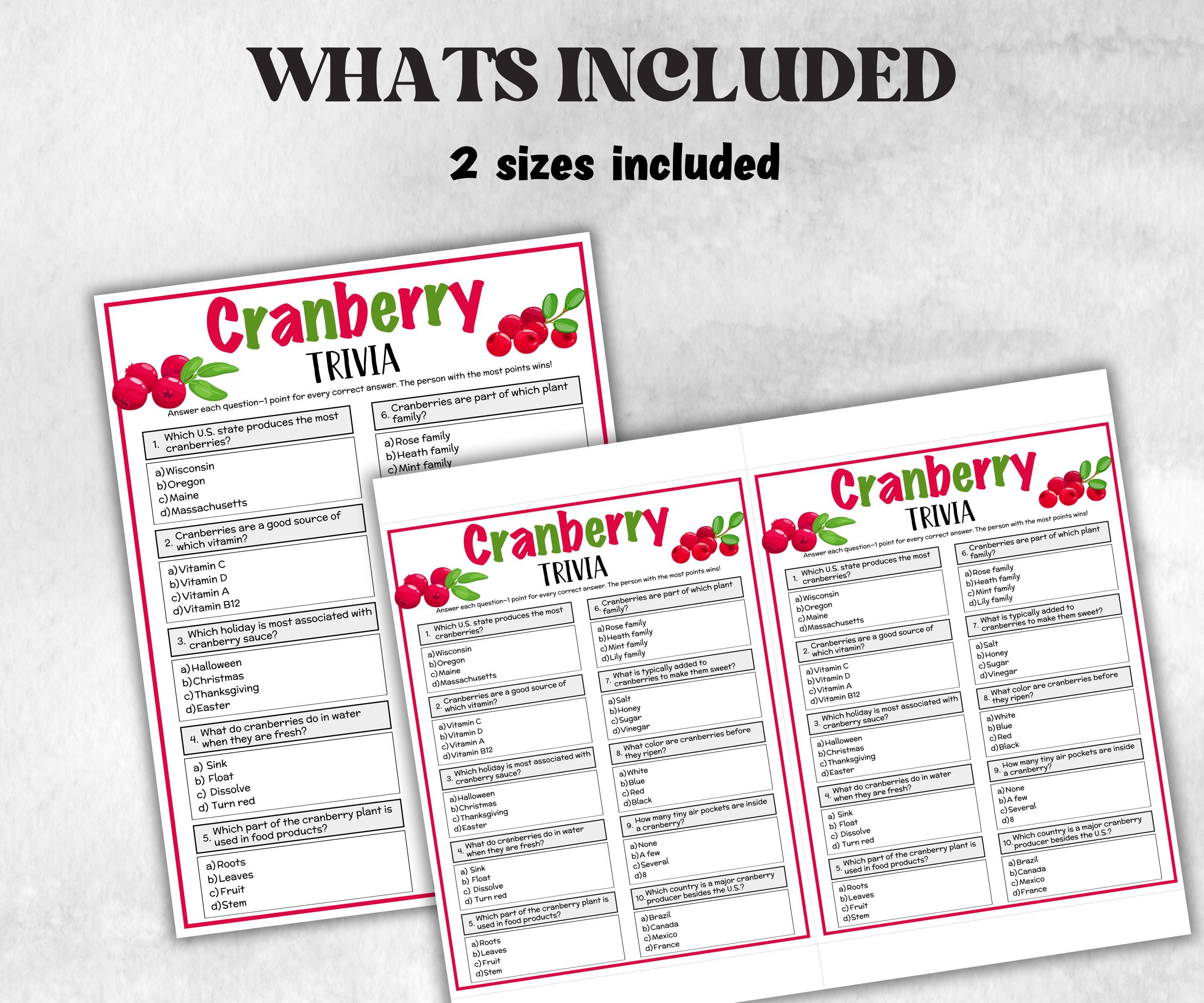 Printable Cranberry Trivia, Team Building Games, Thanksgiving Feast, Halloween Party quiz, Fall Autumn Game, Christmas winter, Holiday party-Holidays -TheHustlingCatLady-Party Games