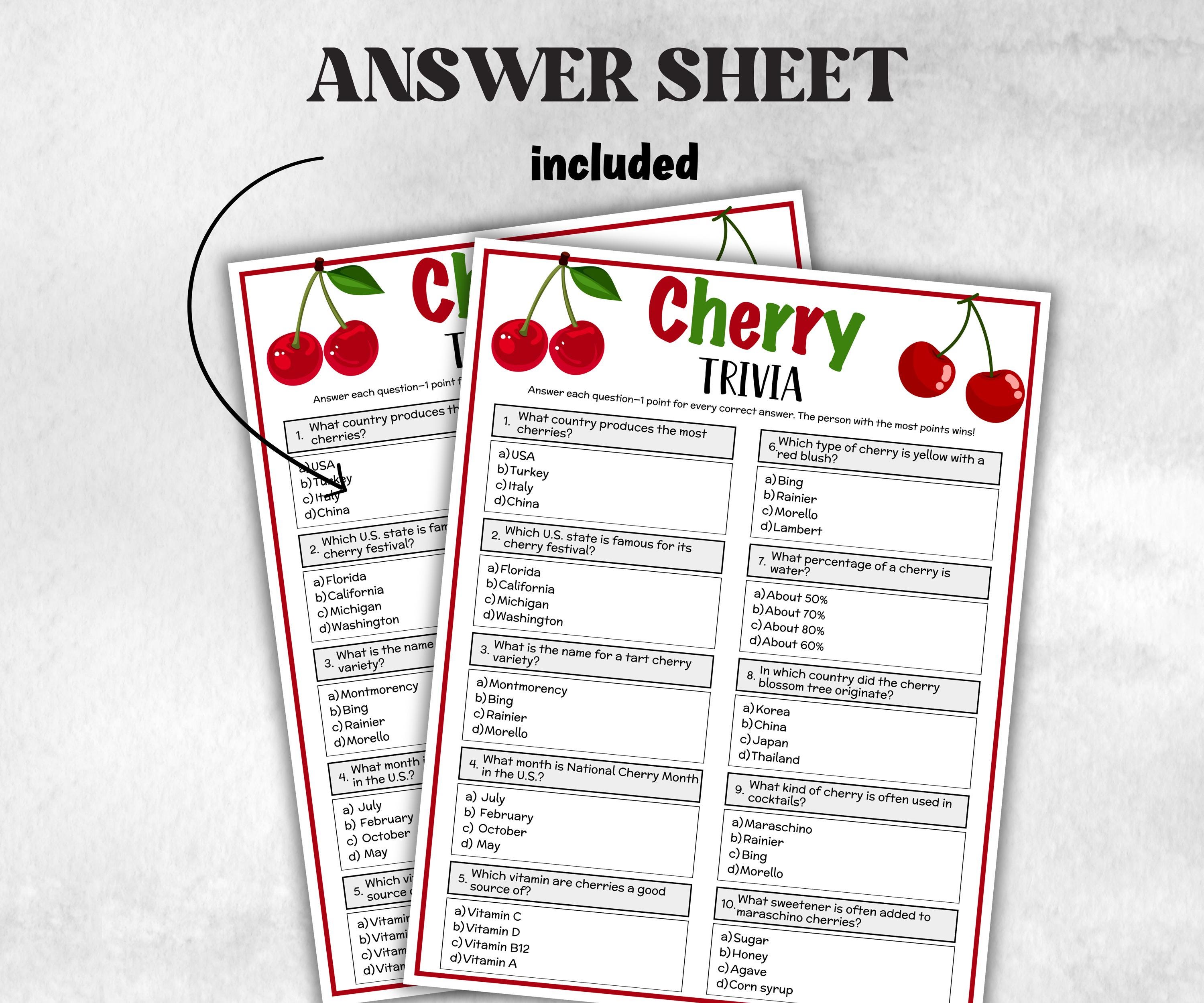 Printable Cherry Trivia, Team Building Games, Fall Autumn Game, Christmas winter, Holiday party, Cherry Picking, tween birthday, girl shower-Holidays -TheHustlingCatLady-Party Games