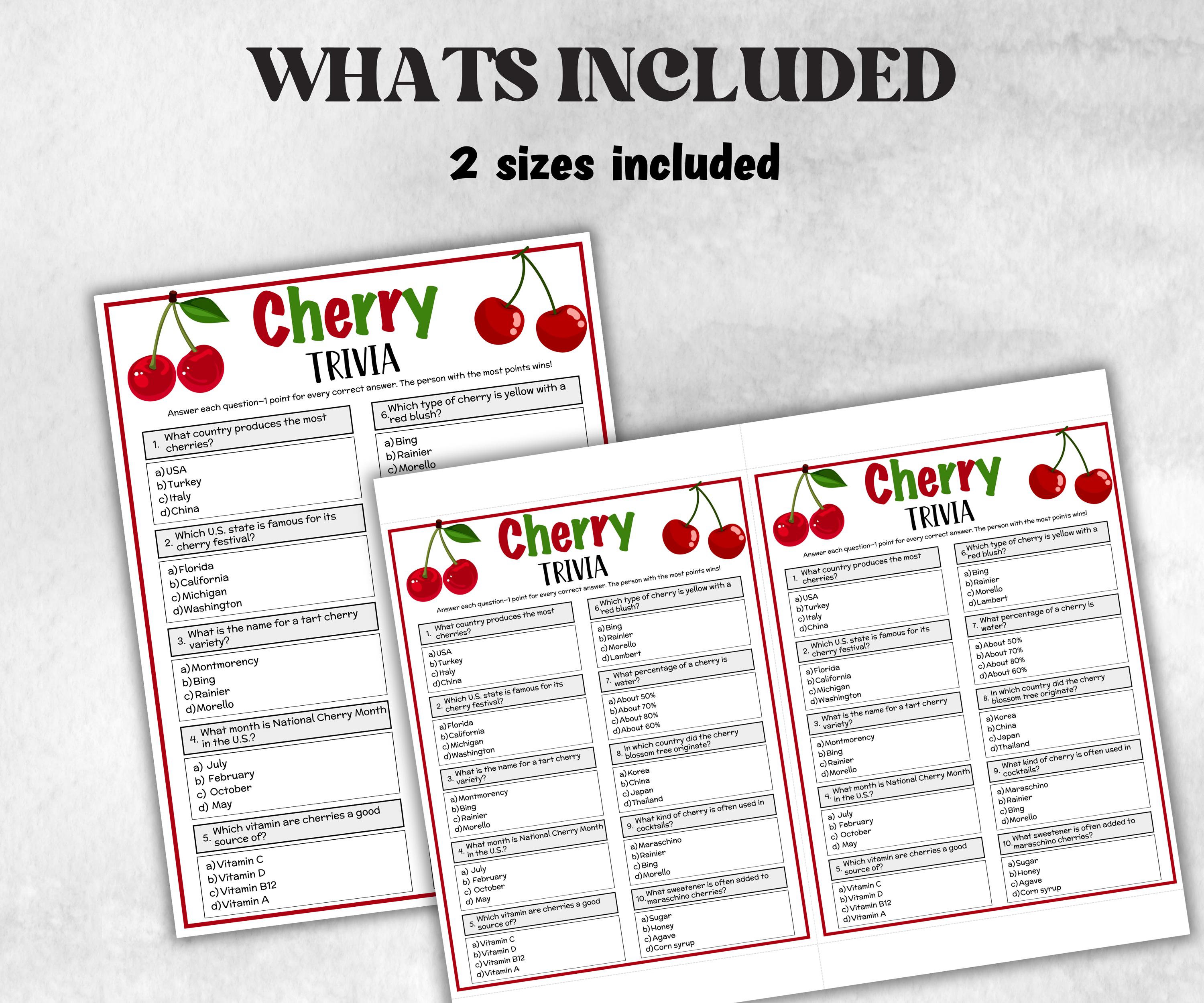 Printable Cherry Trivia, Team Building Games, Fall Autumn Game, Christmas winter, Holiday party, Cherry Picking, tween birthday, girl shower-Holidays -TheHustlingCatLady-Party Games