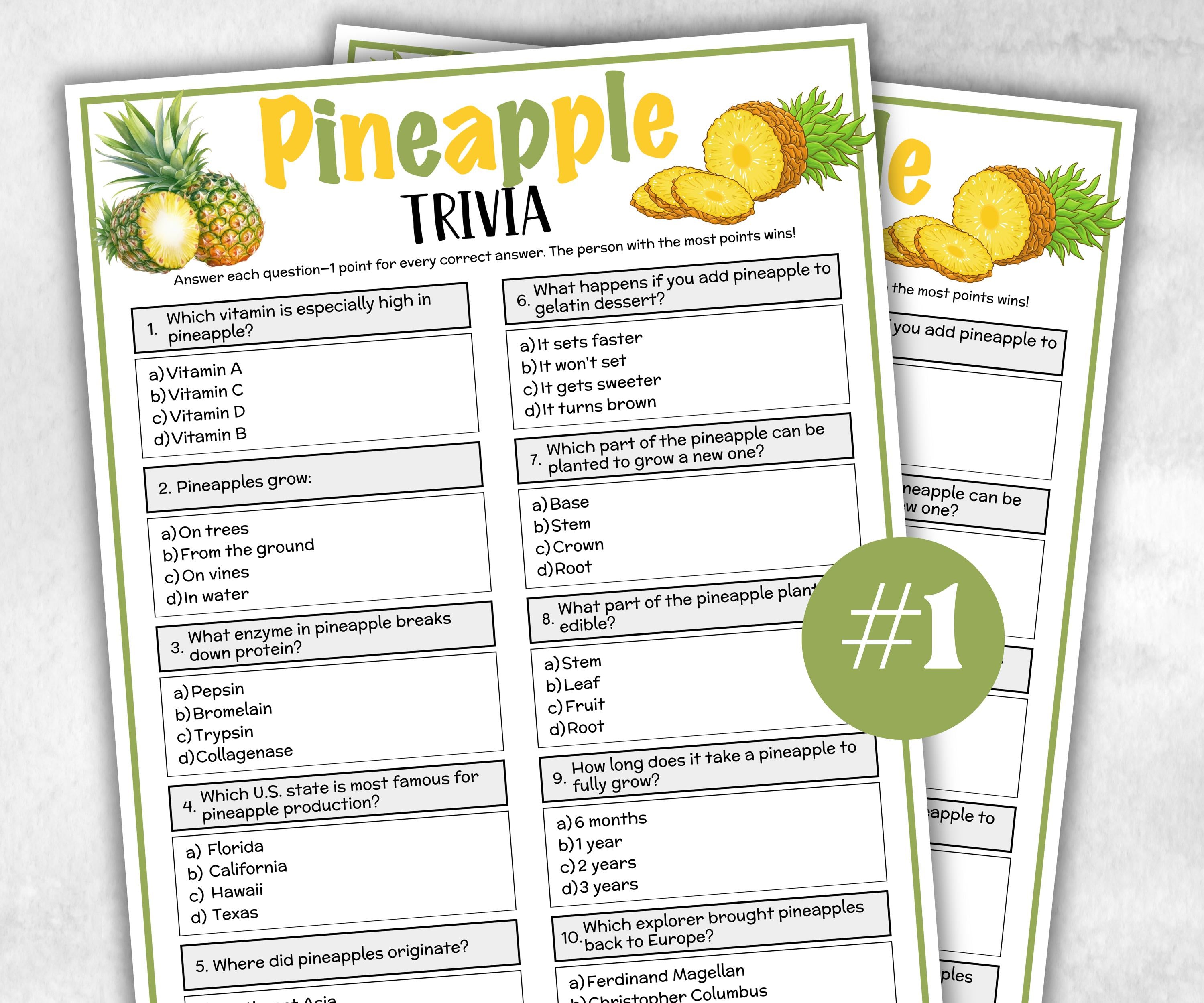Printable Pineapple Trivia, Team Building Games, hawaiian themed Luau party, Tropical Fruit, Food Fruit Vegetable Trivia, Hawaii Fun theme-Holidays -TheHustlingCatLady-Party Games