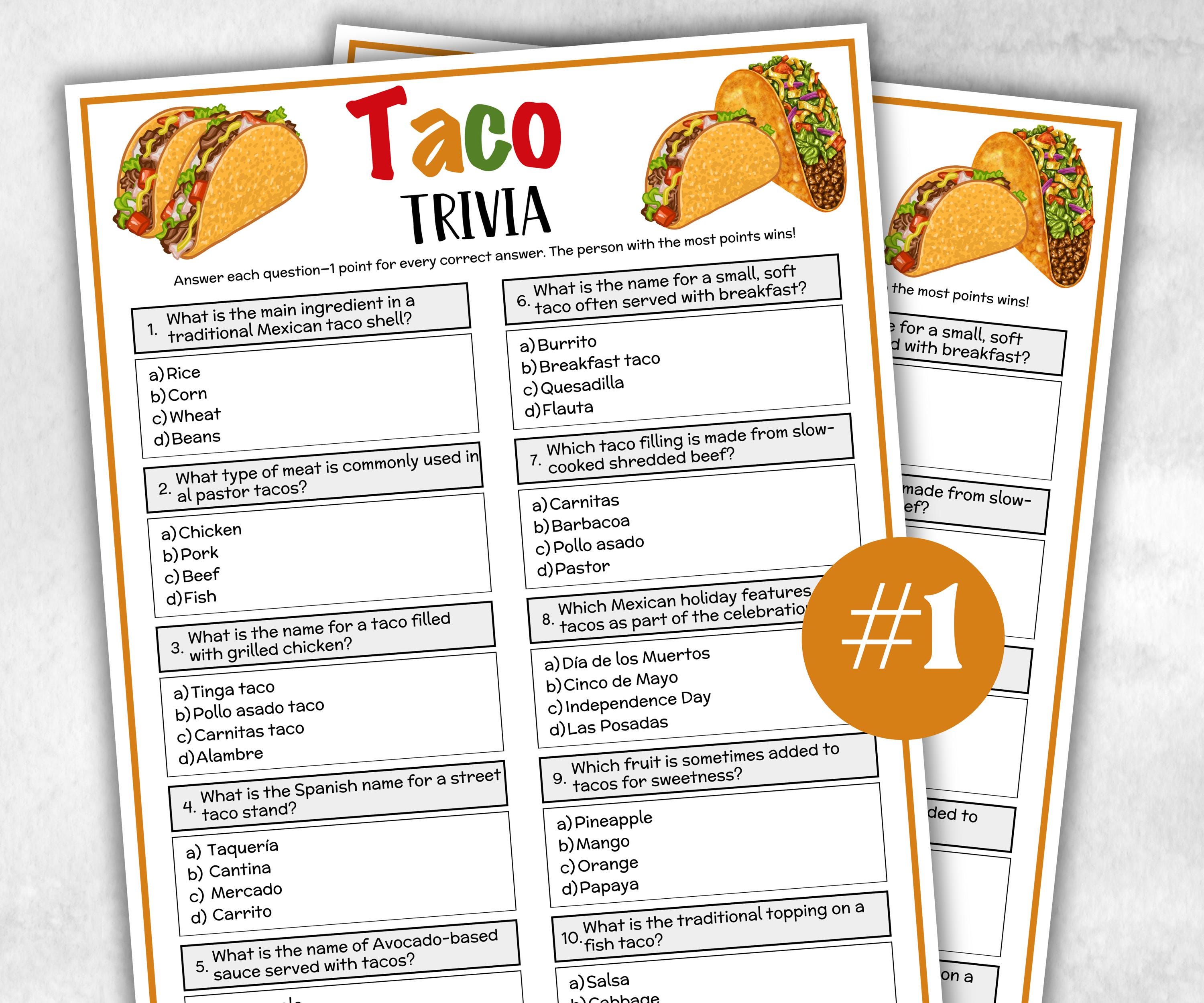 Printable Taco Trivia, Team Building Games, 4th Of july, Fiesta Birthday, southwestern shower, Quinceanera activity, Cinco de Mayo group fun-Holidays -TheHustlingCatLady-Party Games