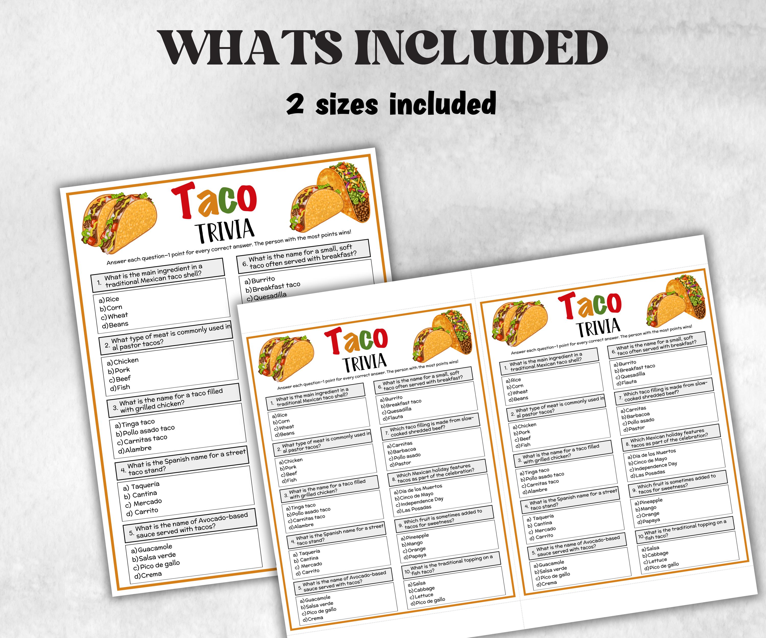 Printable Taco Trivia, Team Building Games, 4th Of july, Fiesta Birthday, southwestern shower, Quinceanera activity, Cinco de Mayo group fun-Holidays -TheHustlingCatLady-Party Games