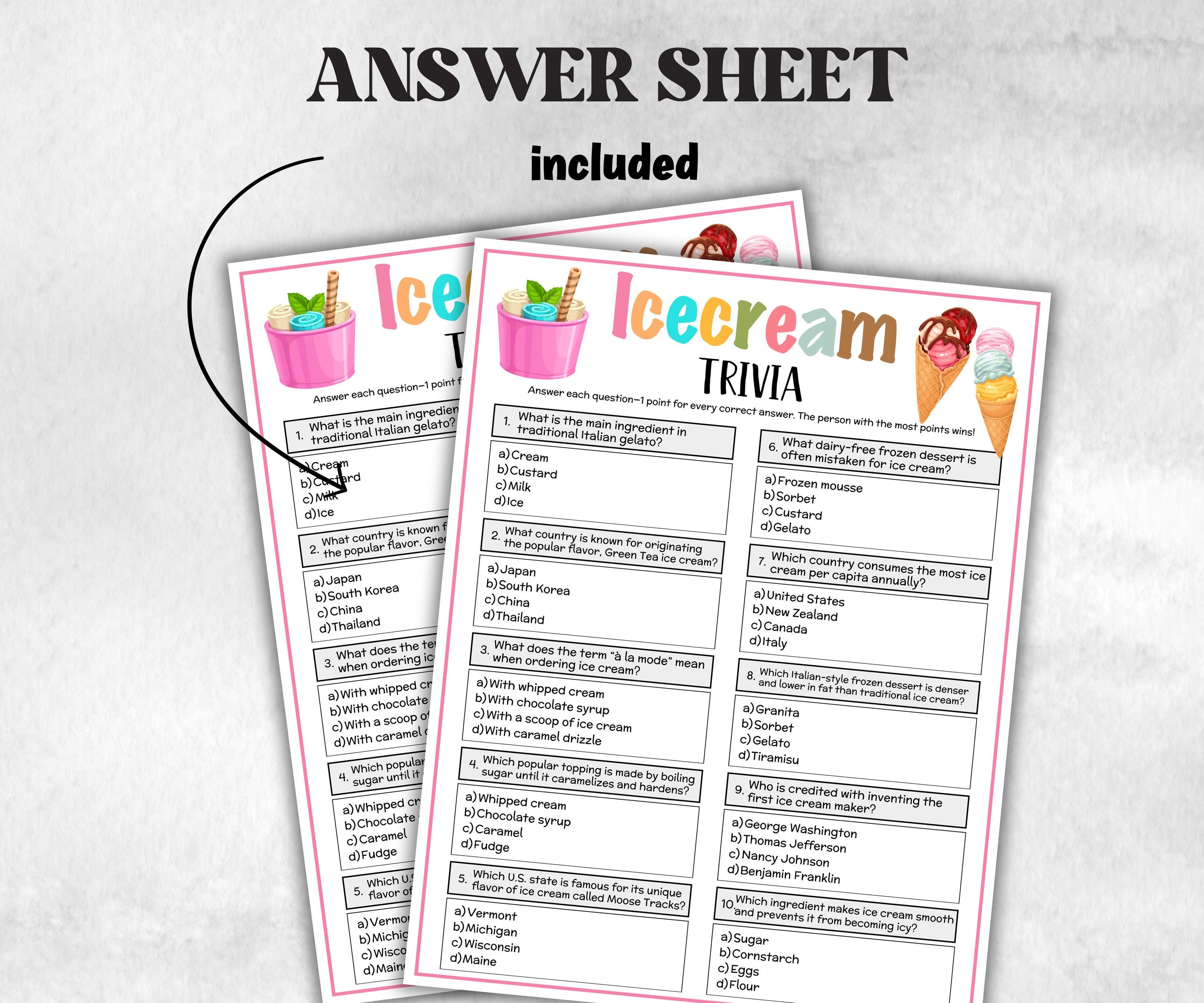 Printable Icecream Trivia, Team Building Games, Fun Food Trivia, Icecream Bridal shower, beach party, riddle quiz questions, pajama party-Holidays -TheHustlingCatLady-Party Games