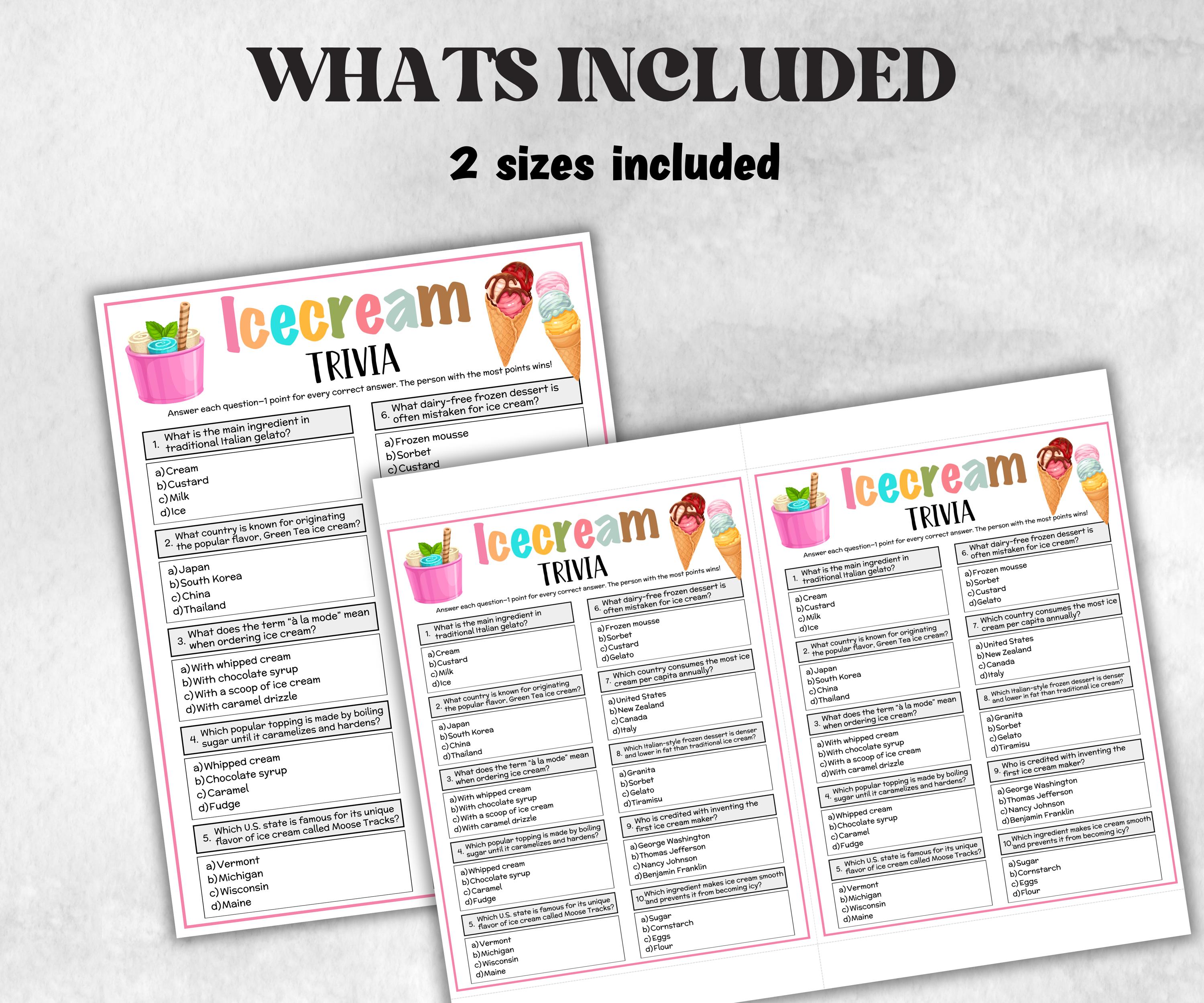 Printable Icecream Trivia, Team Building Games, Fun Food Trivia, Icecream Bridal shower, beach party, riddle quiz questions, pajama party-Holidays -TheHustlingCatLady-Party Games