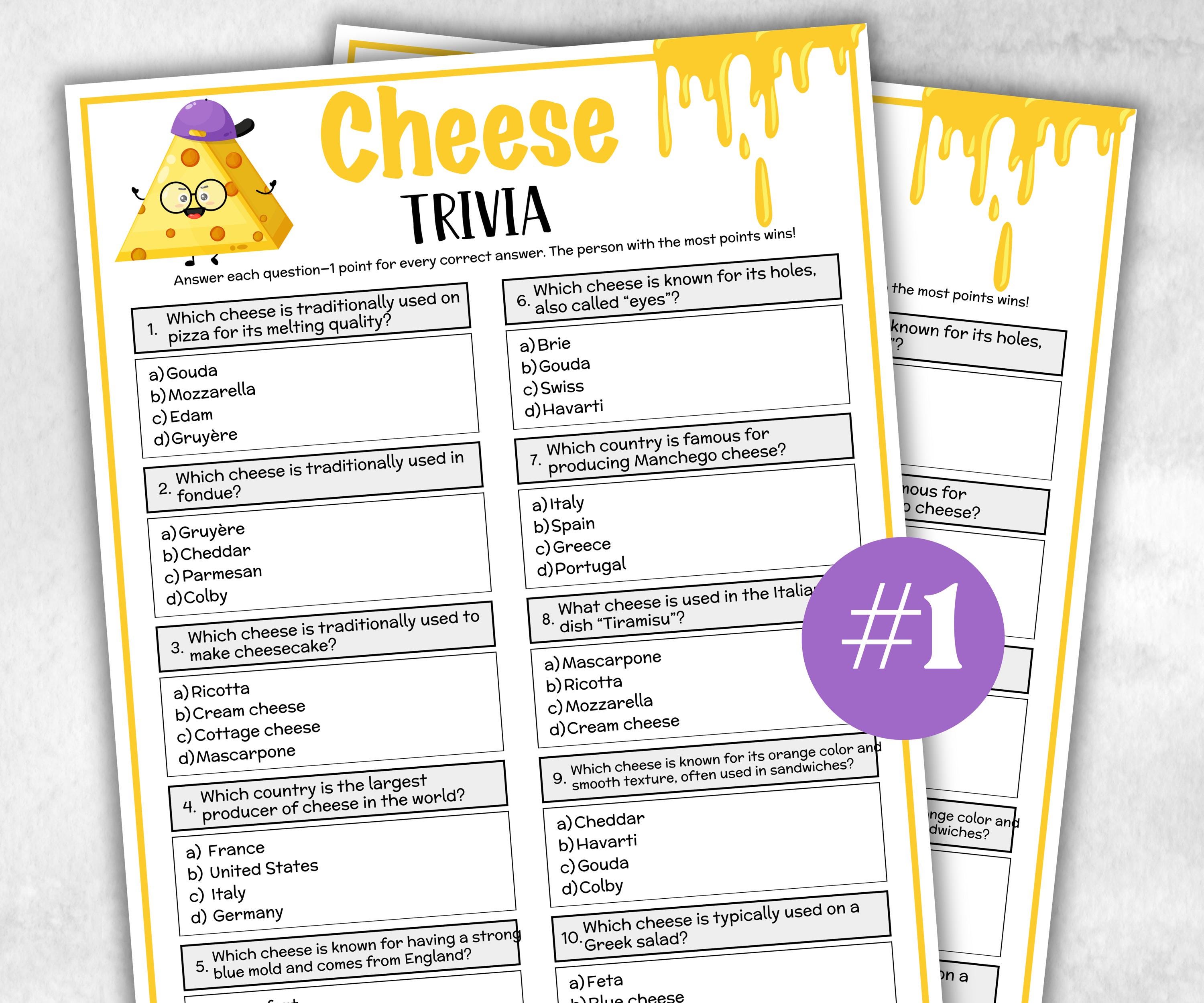 Printable Cheese Trivia, Team Building Games, Wine and Cheese Party, Bridal Shower, wine Tasting, Riddles Quiz questions, Food themed Games-Holidays -TheHustlingCatLady-Party Games