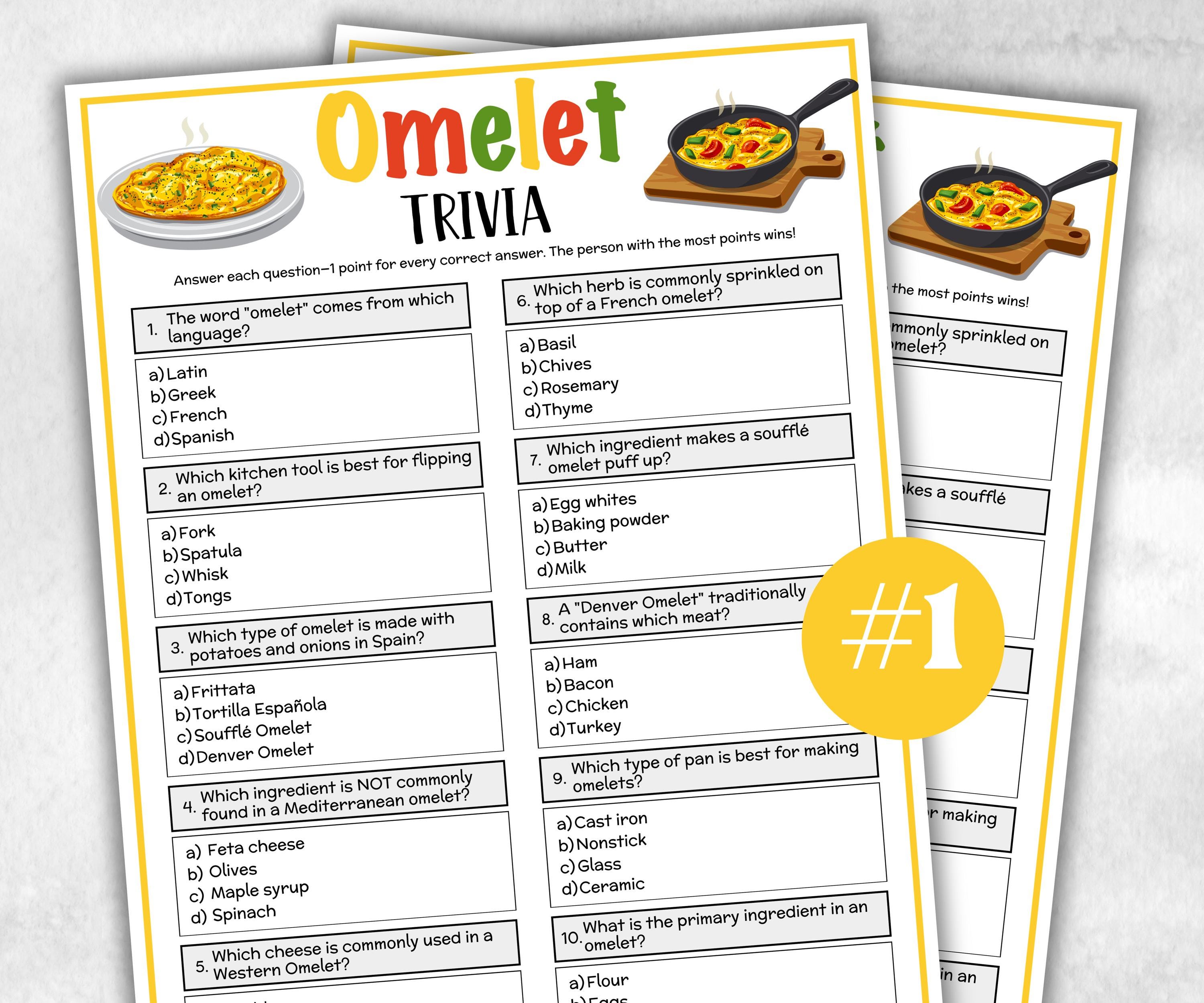 Printable Omelet Trivia, Team Building Games, Riddles Quiz questions, Food themed Games, Brunch Trivia, Teen Pajama Party, National Omelet-Holidays -TheHustlingCatLady-Party Games
