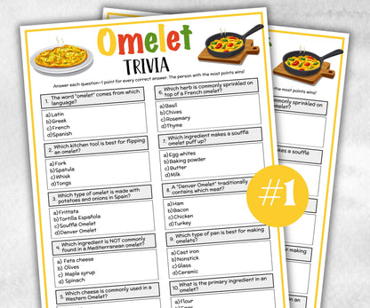 Printable Omelet Trivia, Team Building Games, Riddles Quiz questions, Food themed Games, Brunch Trivia, Teen Pajama Party, National Omelet-Holidays -TheHustlingCatLady-Party Games