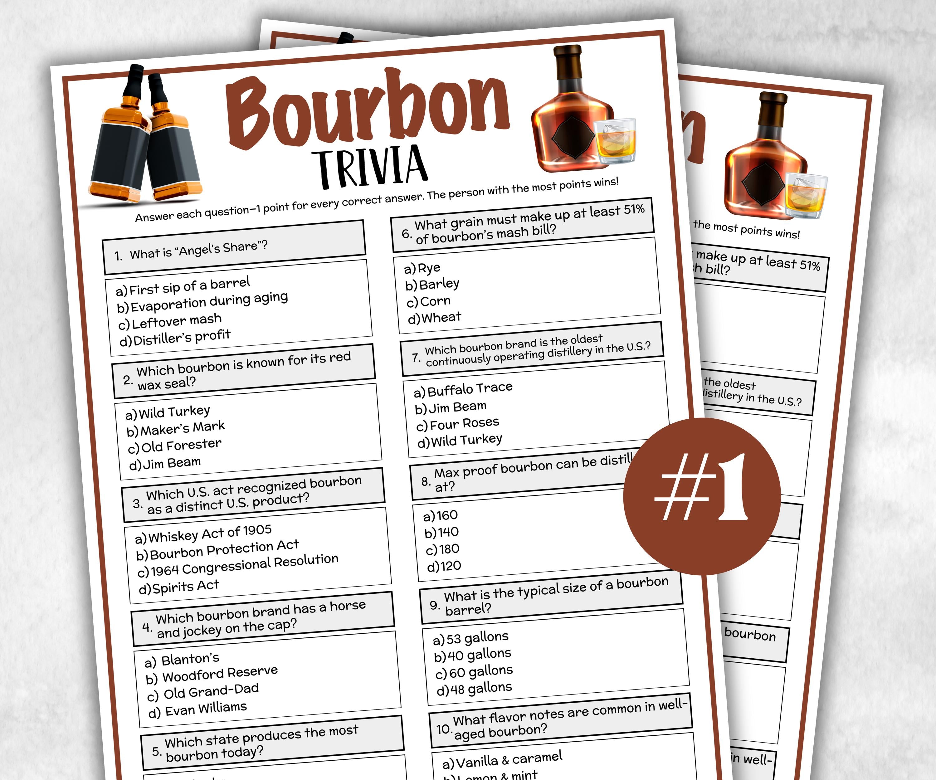 Printable Bourbon Trivia, Riddles Quiz questions, Drinking pub game, Bachelor Whiskey Party, Derby Drink Tasting, Kentucky Race, Fathers Day-Holidays -TheHustlingCatLady-Party Games