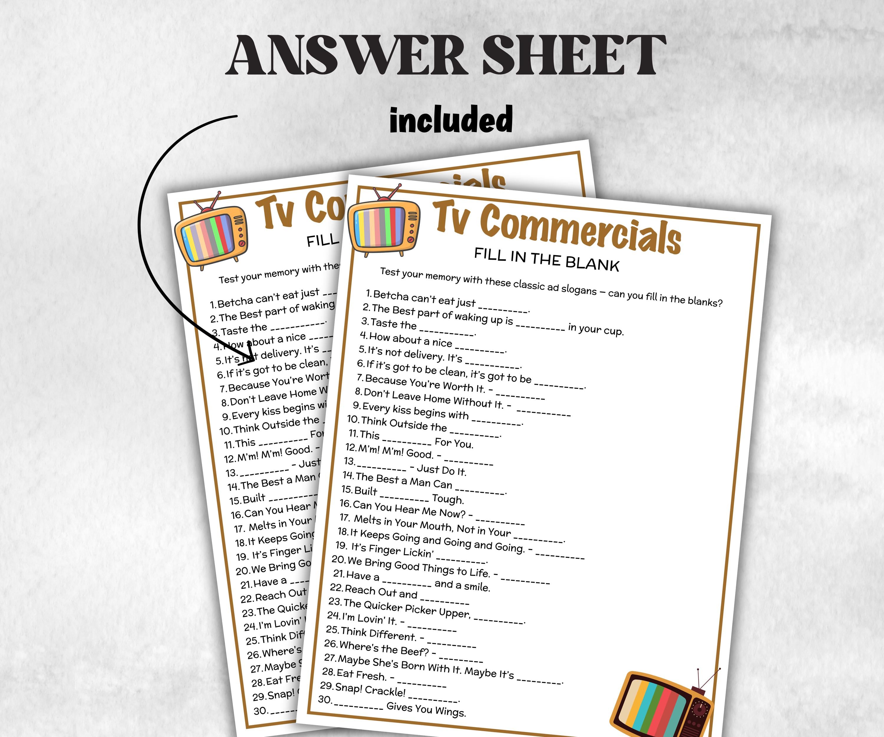 TV Commercial Match Up Trivia Game, Ad Slogan Fill in the blank Quiz, Senior Game night, family activity, Kids Teen Adult party guess games-Holidays -TheHustlingCatLady-Party Games